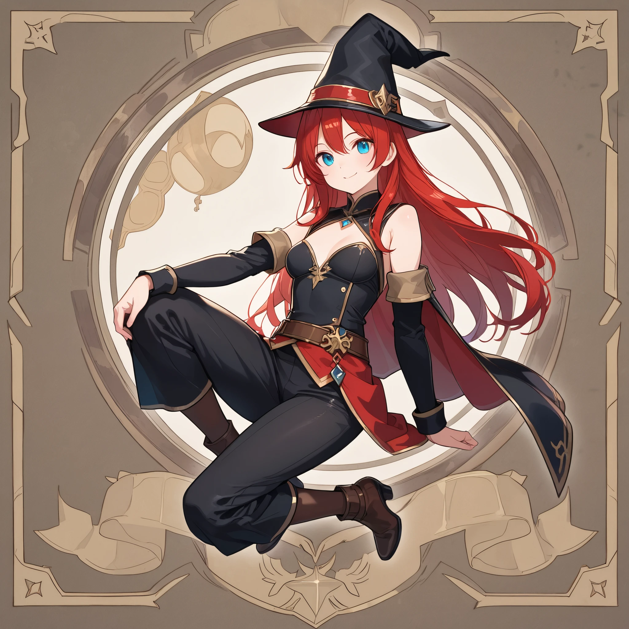 (Masterpiece, best quality), detailed, character sheet, different angles, young woman, short red curly hair, short hair, black metallic corset, red leather pants, barefoot, armlet, anklet, black witch hat