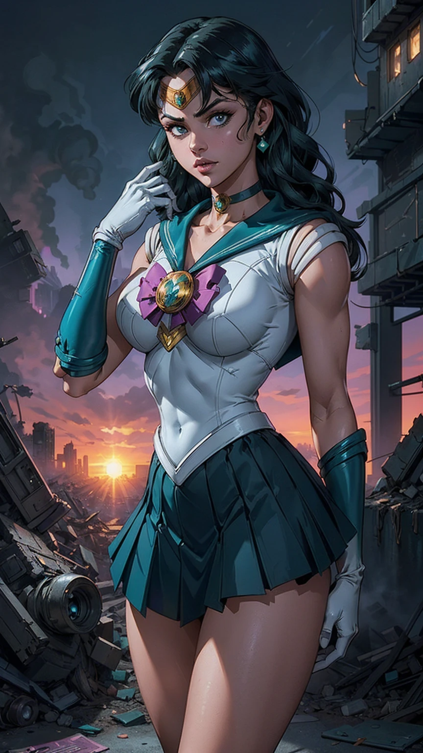 (rear view, backside view),(La Best Quality,A high resolution,Ultra - detailed,actual),Selena Gomez ,(Cyberpunk ruined dungeon ruins background :1.4 ), (Uniformes de sailor moon senshi:1.4), dark green hair, medium hair, Supplicant skirt, (White elbow gloves:1.1), joya, medium chest, dynamic background, dynamic posture,More detailed 8K.unreal engine:1.4,HD,La Best Quality:1.4, photorealistic:1.4, skin texture:1.4, Masterpiece:1.8,Masterpiece, Best Quality,object object],(Apocalyptic city destroyed:1.7), choker, (White glove:1.4), choker verde, Elbow Groves, joya,(sunset background:1.4),(sailor moon Neptune:1.4),(cowboy pose :1.4) ,( cyberpunk 2.1), (kawaii style :1.4), ,(Cyberpunk ruined dungeon ruins background :1.4 ), (cinematic lighting :1.4), (perfect anatomy V2.1), (looking at viewer:1.25), (Selena Gomez :1.4), (Selena Gomez V2.1), (neon cyberpunk V2.1), (skirt lifted by itself: 1.1), (skirt lift: 1.3), (showing white panties: 1.3), (ultra detallado V2.1), (ultra detallado :1.4), , (Sailor Moon - Sailor Neptune V2.1), (skirt lifted by itself: 1.1), (skirt lift: 1.3), (showing white panties: 1.3), More detailed 8K.motor irreal:1.4,UHD,La mejor calidad:1.4, fotorrealista:1.4, textura de la piel:1.4, obra maestra:1.8,obra-prima, mejor calidad,objeto Objeto], (detailed face features:1.3),(Las proporciones correctas),(Ojos hermosos),  (pose vaquero),( face detailed Selena Gómez :1.4) 
