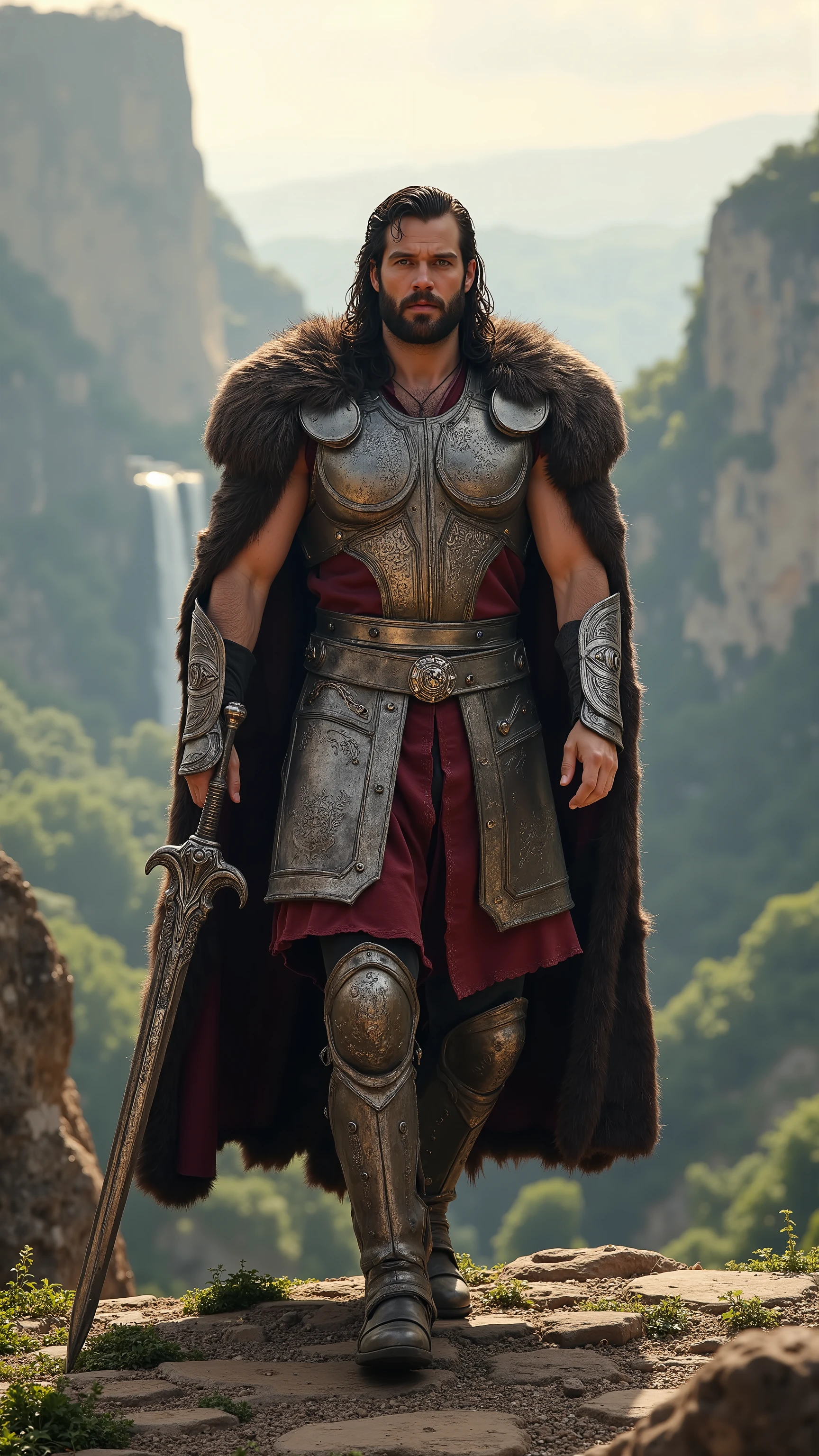 Henry Cavill reimagined as a majestic god Tyr walking and holding mighty greatsword､dramatic atmosphere, 1 male､ 

He has long, dark hair, revealing a stoic, unyielding expression—one of a warrior who has stood against fate itself. His right arm is missing, sacrificed in an act of ultimate bravery, yet he stands as strong as ever, undeterred and unbowed.

He wears a crimson and silver Asgardian war tunic, embroidered with golden runes of justice and victory. Over it, a gleaming breastplate of engraved steel and white gold, adorned with battle-worn sigils of his lineage, reinforces his godly presence. A wolf-fur mantle, dark as storm clouds, drapes over his shoulders, clasped by a silver brooch shaped like an unbroken chain.

His single remaining gauntlet, forged from celestial iron, is adorned with intricate etchings of past battles, each scar a testament to his endurance. A broad belt of war, set with an uncut sapphire, secures his tunic, while reinforced greaves protect his legs. He holds a mighty greatsword, its blade shimmering with the divine glow of Asgard’s forge, its edge keen enough to carve destiny itself.

, shows his male character's full figure, athletic body, perfect  face, full body, extremely beautiful, god, male shape, perfect anatomy, The background showcases the Asgard shines under a bright sky. Majestic golden spires pierce the heavens, while the Bifrost Bridge arcs in radiant colors. Waterfalls tumble down rocky cliffs, embraced by verdant landscapes, photorealistic, masterpiece, realistic, high contrast, 8k, HD, high definition detailed, detailed, hyper detailed, realistic skin texture, best quality, ultra high resolution, hyper realistic, no text, very detailed eyes, dramatic lighting