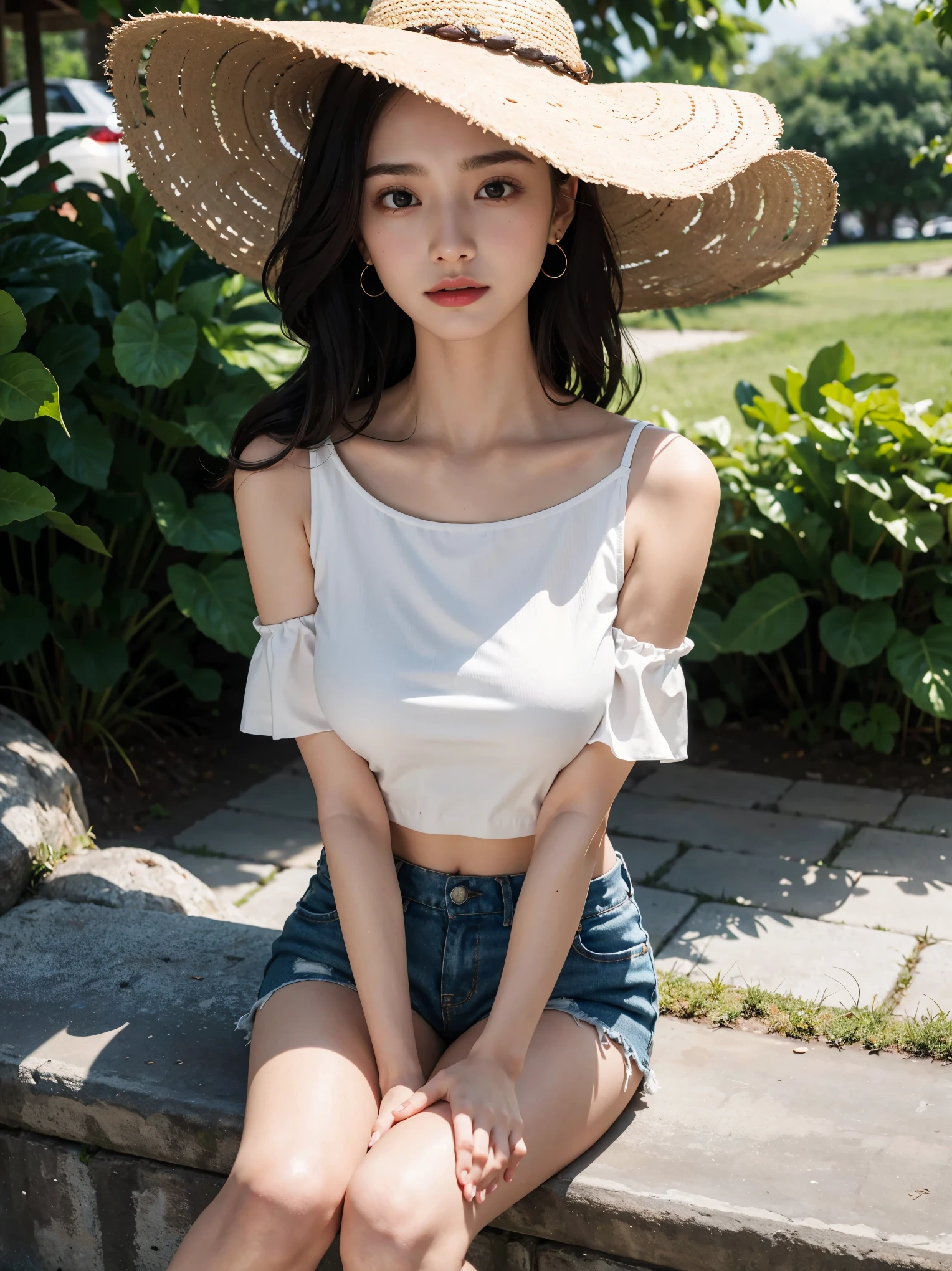 absurdres, RAW photo, extremely delicate and beautiful, masterpiece, Best Quality, ultra high resolution, 32k, hyperrealistic, ultra-detailed, perfect figure, Perfect Style, Perfect balance, in her 20s, very small head, very small face, delicate facial features, tearful mole, earring, (very huge round breasts:1.2), full body shot, (whole legs:1.2), medium hair, wavy hair, outdoor, blouse, bare collarbone, skirt, straw hat,