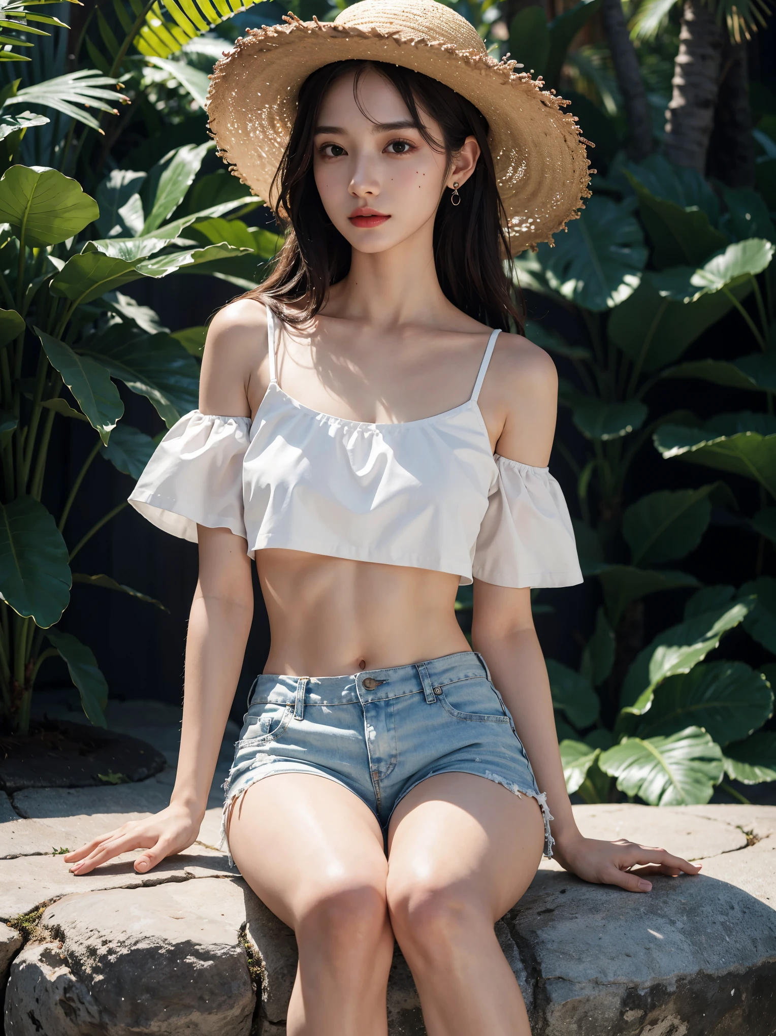 absurdres, RAW photo, extremely delicate and beautiful, masterpiece, Best Quality, ultra high resolution, 32k, hyperrealistic, ultra-detailed, perfect anatomy, super Detailed skin, Super Beauty, perfect figure, Perfect Style, Perfect balance, in her 20s, very small head, very small face, delicate facial features, tearful mole, earring, very huge breasts, bare legs, full body shot, medium hair, black hair, casual, blouse, white shirt, buttoned shirt, bare shoulders, collarbone, midriff, navel, shorts, straw hat,