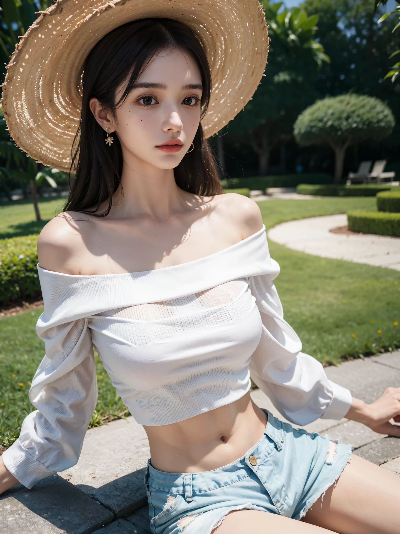 absurdres, RAW photo, extremely delicate and beautiful, masterpiece, Best Quality, ultra high resolution, 32k, hyperrealistic, ultra-detailed, perfect figure, in her 20s, very small head, very small face, delicate facial features, tearful mole, earring, very huge breasts, very big breasts, bare legs, full body shot, medium hair, black hair, colored inner hair, casual, blouse, white shirt, buttoned shirt, bare shoulders, collarbone, midriff, navel, shorts, straw hat,