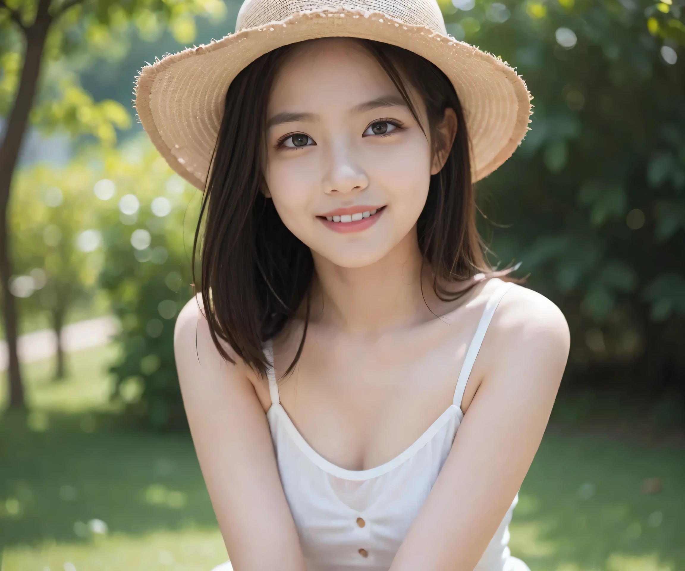 {8k}, {RAW photo}, {best quality}, {masterpiece}, {realistic}, {photo-realistic}, {clear}, {professional lighting}, {beautiful face}, {best quality}, {ultra high res}, (a girl,squat, wearing a hat and smiling for the camera),,{{natural makeup}},{{{{ {{{Large double eyelids}}},,{{{long eyelashes}}},{{ Mascara }},{{ False eyelashes }},,{{{}},{{lipstick}},{{}},,{ face focus,},,, girl, dau-al-set , a stock photo