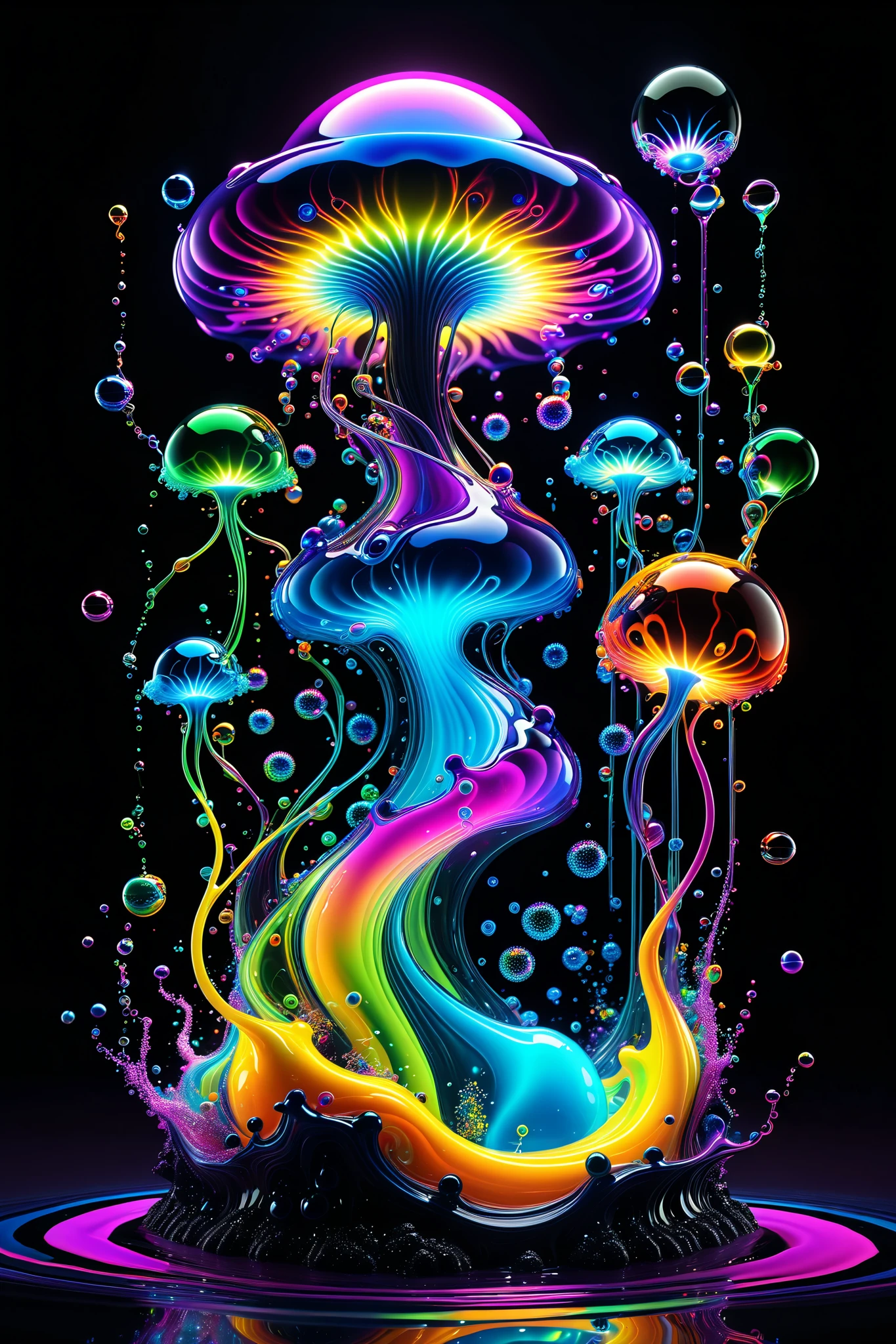 LSD, DMT imagery. octane render. Bright neon colored translucent wombs hold bodies inside with electrical wire for nervous systems lighting up the different shapes flowing inside the abstract liquid, and glow in the dark structure. Octane render, black 3d fluid simulation, ethereal bubbles, swirling chemical liquids, and highly volatile chemicals at different temperatures cause natural movements within the solution causing the wombs to explode with dramatically accelerated growth of life. Psilocybin Dream inside a perfectly formed reality breaks into another, the shift casuses chaos and insanity. Extreme Hallucinations in a gorgeous piece of psychedelic digital artwork, Stunning, pixel art, 4d mandelbulb psychedelics, intricate underwater brightness, lifeforms twist and and grow inside of translucent glass looking shapes, bubbling with light and color glowing with luminescence. Fluorescents and neon aesthetic, bright colors are created as sulfuric acid mixes with noxious chemical compounds melting through the solid black background exposing other dimensions, swirling spirals and vortexes turn into whirlpools and sinkholes draining the horrible chemical fluid. The new life breaks out and is born, spilling into the universe unexpectedly. Ultra detailed, ultra realistic,Pixel Assets,Portrait photography,surrealism, hyperrealism, Photorealistic, Hyperdetailed, Glass Morphism, Digital Art, Sparkle, Optical Illusion, Glowing Light, Reflective Light, Overexposure, Backlighting,full focus, spheres and bubbles show perfect Symmetry, Awe inspiring, Breathtaking, Indescribably Beautiful, Heaven sent images, Best Quality, Award Winning, Masterpiece.