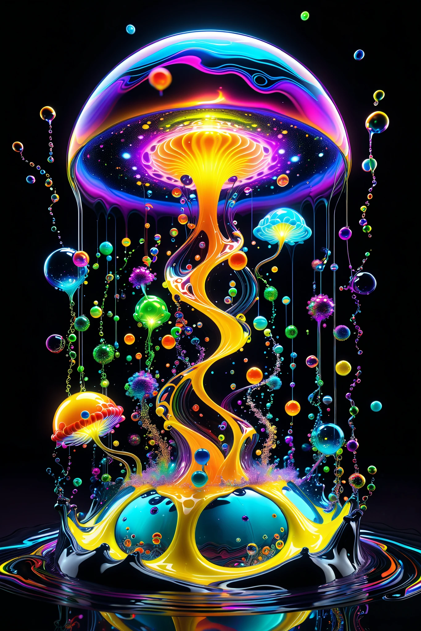 LSD, DMT imagery. octane render. Bright neon colored translucent wombs hold bodies inside with electrical wire for nervous systems lighting up the different shapes flowing inside the abstract liquid, and glow in the dark structure. Octane render, black 3d fluid simulation, ethereal bubbles, swirling chemical liquids, and highly volatile chemicals at different temperatures cause natural movements within the solution causing the wombs to explode with dramatically accelerated growth of life. Psilocybin Dream inside a perfectly formed reality breaks into another, the shift casuses chaos and insanity. Extreme Hallucinations in a gorgeous piece of psychedelic digital artwork, Stunning, pixel art, 4d mandelbulb psychedelics, intricate underwater brightness, lifeforms twist and and grow inside of translucent glass looking shapes, bubbling with light and color glowing with luminescence. Fluorescents and neon aesthetic, bright colors are created as sulfuric acid mixes with noxious chemical compounds melting through the solid black background exposing other dimensions, swirling spirals and vortexes turn into whirlpools and sinkholes draining the horrible chemical fluid. The new life breaks out and is born, spilling into the universe unexpectedly. Ultra detailed, ultra realistic,Pixel Assets,Portrait photography,surrealism, hyperrealism, Photorealistic, Hyperdetailed, Glass Morphism, Digital Art, Sparkle, Optical Illusion, Glowing Light, Reflective Light, Overexposure, Backlighting,full focus, spheres and bubbles show perfect Symmetry, Awe inspiring, Breathtaking, Indescribably Beautiful, Heaven sent images, Best Quality, Award Winning, Masterpiece.