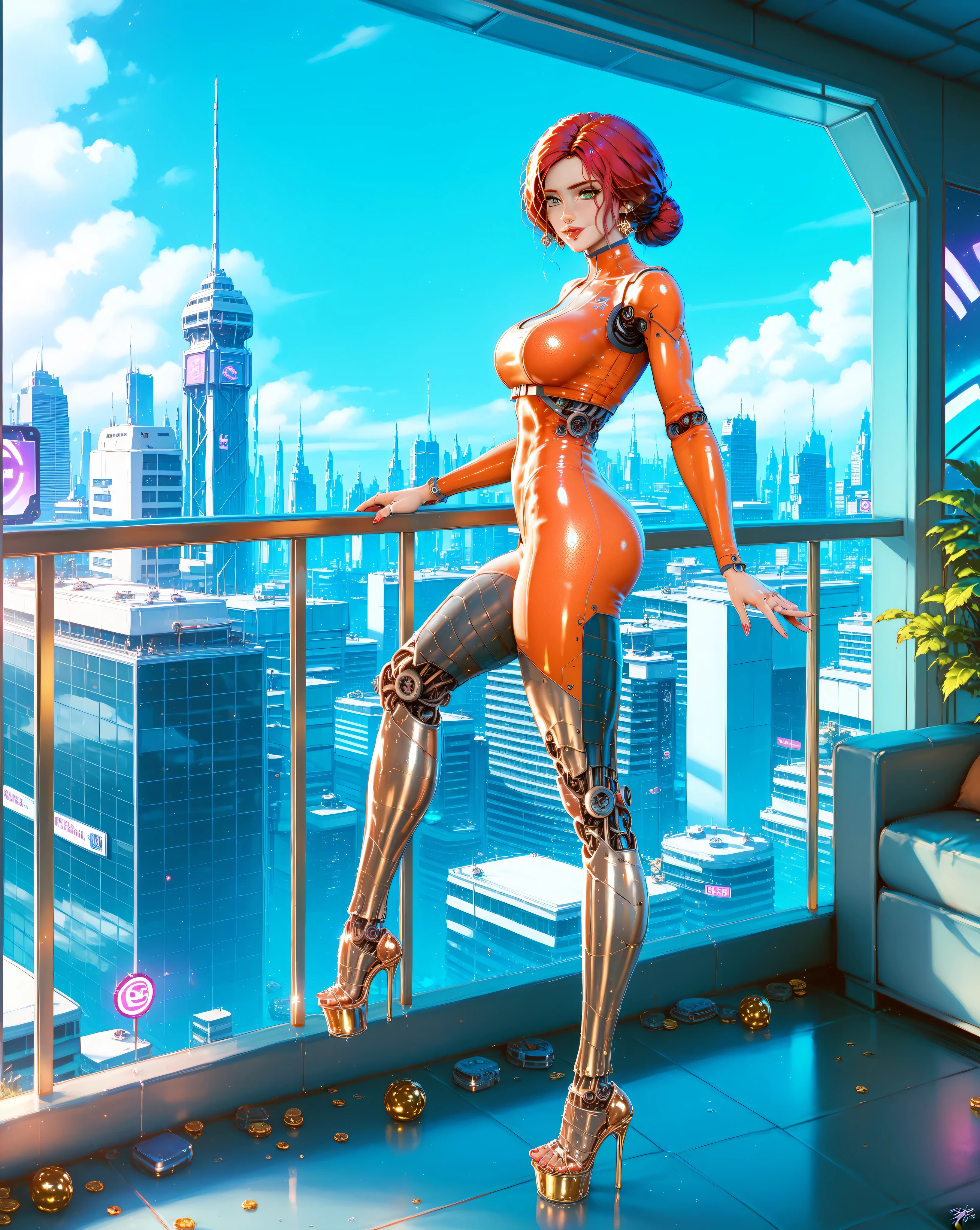 Synthetic Triss Merigold, Short hair. (Magnificent Anatomy, (complex parts:1.12), HDR, (complex parts, hyperdetailing:1.15) Detiled female machine body. (hyperrealistic synthetic shiny plastic skin texture, soft light, spicy:1.2) Super skinny waist. Huge beautifully shaped fitness rear. Take a close full body shot from her side. ((Focus on the legs detaling, Best quality, Design hyper quality sexy cyborg long legs, machine legs modifications.)) Wearing tight dress. Sci-Fi Neon city balcony background.