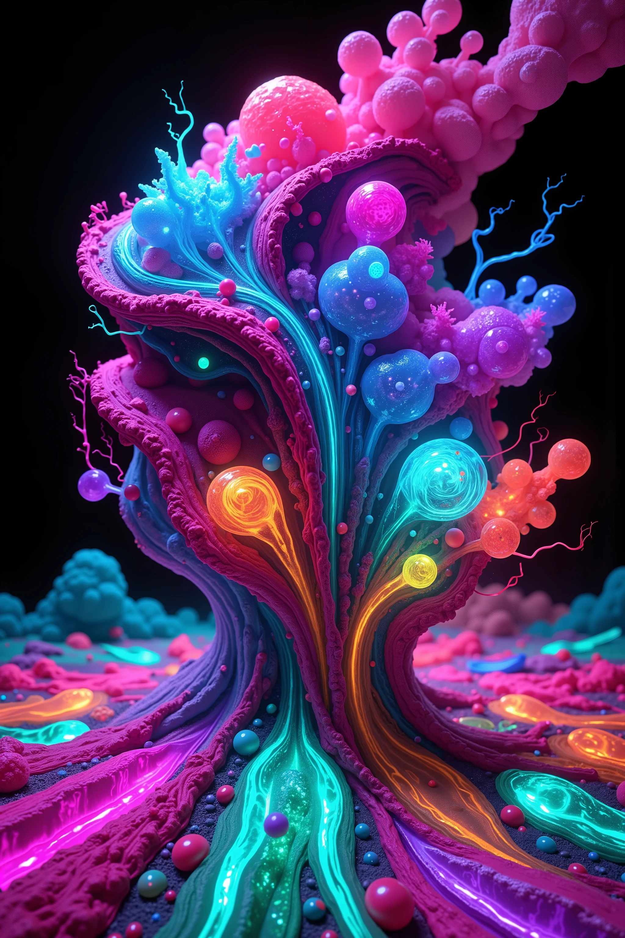 LSD, DMT imagery. octane render. Bright neon colored translucent wombs hold bodies inside with electrical wire for nervous systems lighting up the different shapes flowing inside the abstract liquid, and glow in the dark structure. Octane render, black 3d fluid simulation, ethereal bubbles, swirling chemical liquids, and highly volatile chemicals at different temperatures cause natural movements within the solution causing the wombs to explode with dramatically accelerated growth of life. Psilocybin Dream inside a perfectly formed reality breaks into another, the shift casuses chaos and insanity. Extreme Hallucinations in a gorgeous piece of psychedelic digital artwork, Stunning, pixel art, 4d mandelbulb psychedelics, intricate underwater brightness, lifeforms twist and and grow inside of translucent glass looking shapes, bubbling with light and color glowing with luminescence. Fluorescents and neon aesthetic, bright colors are created as sulfuric acid mixes with noxious chemical compounds melting through the solid black background exposing other dimensions, swirling spirals and vortexes turn into whirlpools and sinkholes draining the horrible chemical fluid. The new life breaks out and is born, spilling into the universe unexpectedly. Ultra detailed, ultra realistic,Pixel Assets,Portrait photography,surrealism, hyperrealism, Photorealistic, Hyperdetailed, Glass Morphism, Digital Art, Sparkle, Optical Illusion, Glowing Light, Reflective Light, Overexposure, Backlighting,full focus, spheres and bubbles show perfect Symmetry, Awe inspiring, Breathtaking, Indescribably Beautiful, Heaven sent images, Best Quality, Award Winning, Masterpiece.