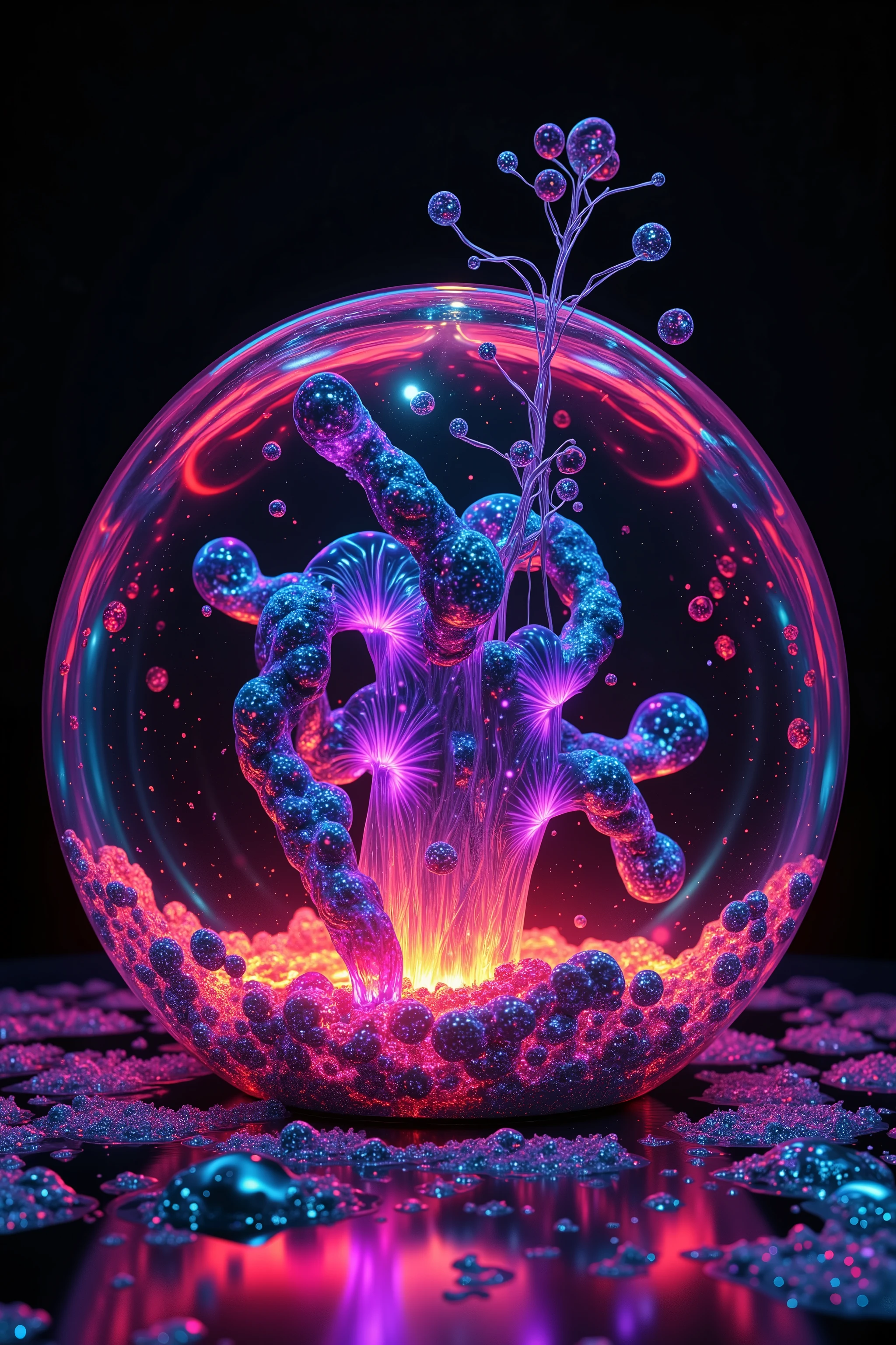 LSD, DMT imagery. octane render. Bright neon colored translucent wombs hold bodies inside with electrical wire for nervous systems lighting up the different shapes flowing inside the abstract liquid, and glow in the dark structure. Octane render, black 3d fluid simulation, ethereal bubbles, swirling chemical liquids, and highly volatile chemicals at different temperatures cause natural movements within the solution causing the wombs to explode with dramatically accelerated growth of life. Psilocybin Dream inside a perfectly formed reality breaks into another, the shift casuses chaos and insanity. Extreme Hallucinations in a gorgeous piece of psychedelic digital artwork, Stunning, pixel art, 4d mandelbulb psychedelics, intricate underwater brightness, lifeforms twist and and grow inside of translucent glass looking shapes, bubbling with light and color glowing with luminescence. Fluorescents and neon aesthetic, bright colors are created as sulfuric acid mixes with noxious chemical compounds melting through the solid black background exposing other dimensions, swirling spirals and vortexes turn into whirlpools and sinkholes draining the horrible chemical fluid. The new life breaks out and is born, spilling into the universe unexpectedly. Ultra detailed, ultra realistic,Pixel Assets,Portrait photography,surrealism, hyperrealism, Photorealistic, Hyperdetailed, Glass Morphism, Digital Art, Sparkle, Optical Illusion, Glowing Light, Reflective Light, Overexposure, Backlighting,full focus, spheres and bubbles show perfect Symmetry, Awe inspiring, Breathtaking, Indescribably Beautiful, Heaven sent images, Best Quality, Award Winning, Masterpiece.