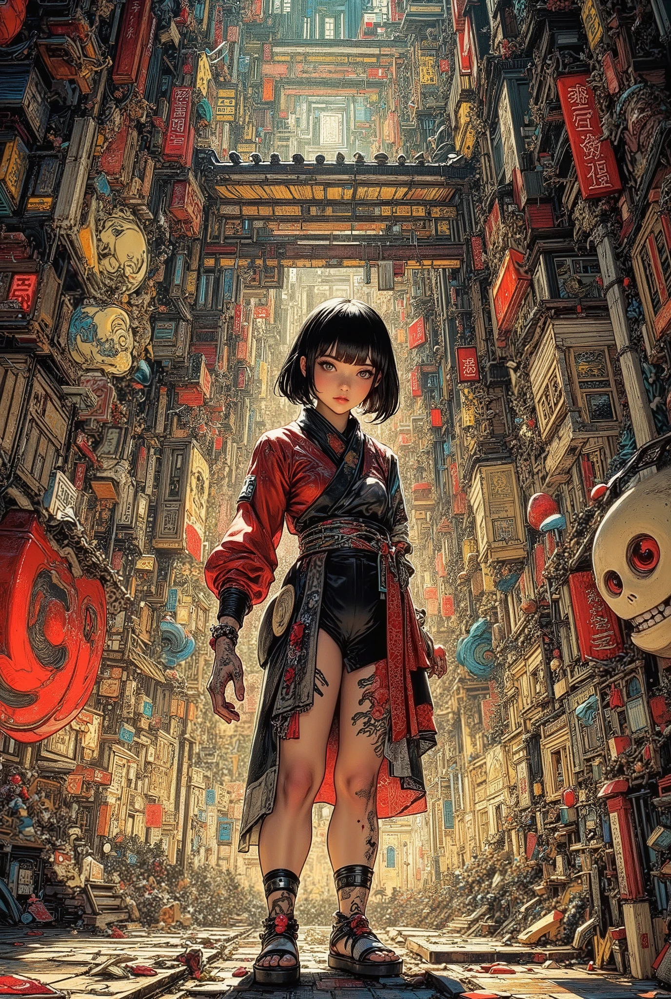 (High Definition, masterpiece, Accurate, top quality, High Definition model, high detail, (((The textures are soft))), ((matte and toy-like with a handmade premium look)), (((Tim Burton style))), dark, Woman in Japanese dress, HD, Asymmetric, Visualization of the Inner World of a Crazy Spirit, Every detail, Hidden Details, Resonance of Ripples, Japanese-style entrance with sliding doors, Earthen floor, entrance with a structure with steps, Japanese costumes, bob cut, Sumi painting on Japanese paper, ink painting style, contrasts of details and blur, Japanese kimono costumes, ((View from below and ground level shot)), reaching towards viewer,