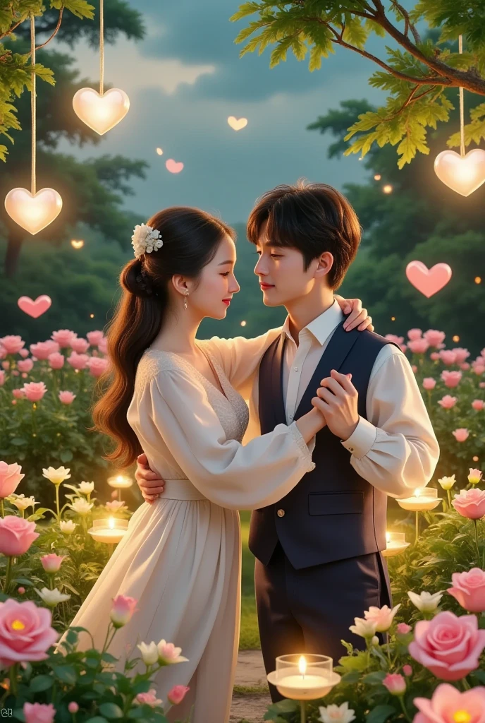 Sharing a romantic dance , Valentine's Day，一对情侣在迷人的garden中心跳浪漫的舞蹈.  The scene is illuminated by floating candles and lanterns  ,  projects a warm ,  softly. garden ,  From the delicate petals of flowers to the lush green leaves  ,  The intricate details are presented in amazing 8K resolution  . The couple,  Lost in your arms  ,  radiates a deep sense of love and connection  .  The atmosphere is full of magical and dreamy quality  ,  The surrounding environment is enhanced by soft light and serene beauty .