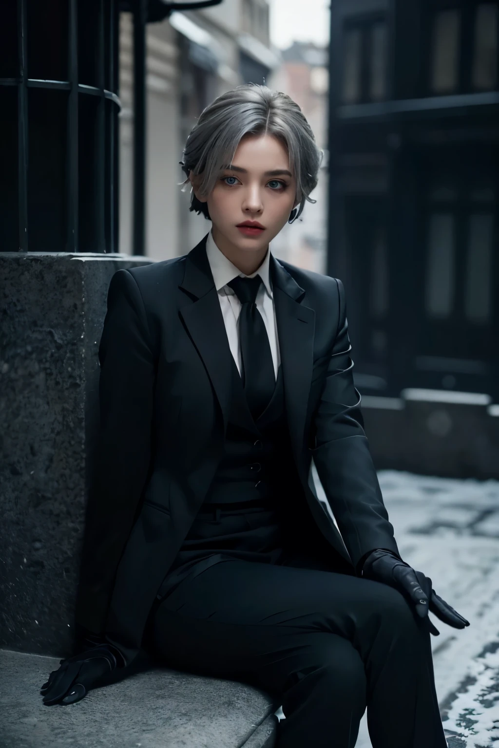 1 woman, Bethel, blue eyes, medium chest, Short hair, gray hair, hair above one eye, Gloves, alone, (black business suit:1.3), black necktie, long sleeves, serious look, (masterpiece), (best quality), (very detailed), snow, street. Coat on shoulder, mafia boss.