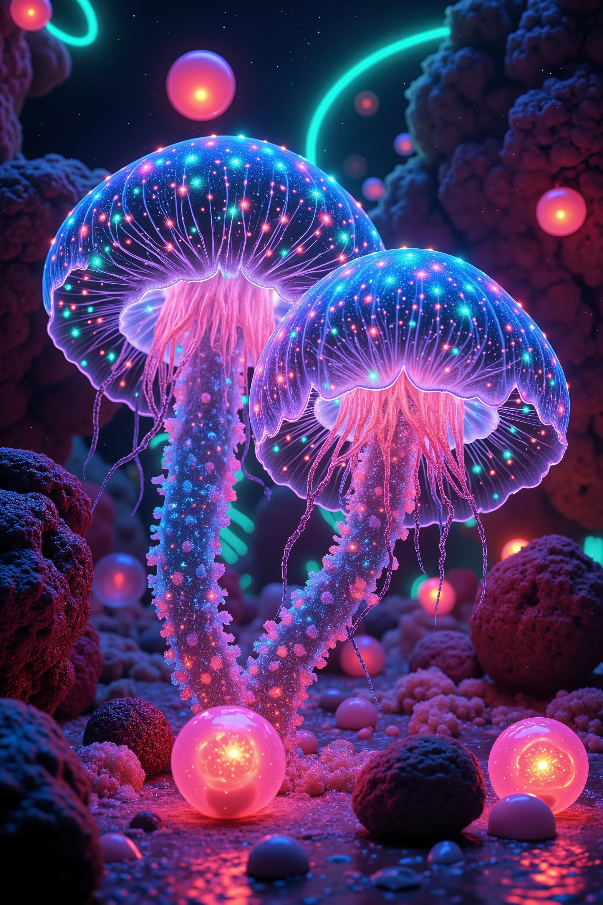 LSD, DMT imagery. octane render. Bright neon colored translucent jelly like bodies with electrical wire nervous systems inside light up within the different shapes, that flow inside the abstract liquid, and glow in the dark structure. Octane render, black 3d fluid simulation, ethereal bubbles, swirling chemical liquids, and highly volatile chemicals at different temperatures cause natural movements within the solution causing jelly sacks to explode with accelerated growth of life. Psilocybin Dream inside a perfectly formed reality breaks into another, the shift casuses chaos and insanity. Extreme Hallucinations in a gorgeous piece of psychedelic digital artwork, Stunning, pixel art, 4d mandelbulb psychedelics, intricate underwater brightness, lifeforms twist and and grow inside of translucent glass looking shapes, bubbling with light and color glowing with luminescence. Fluorescents and neon aesthetic, bright colors are created as sulfuric acid mixes with noxious chemical compounds melting through the solid black background exposing other dimensions, swirling spirals and vortexes turn into whirlpools and sinkholes draining the horrible chemical fluid. The new life breaks out and spills into the universe unexpectedly. Ultra detailed, ultra realistic,Pixel Assets,Portrait photography,surrealism, hyperrealism, Photorealistic, Hyperdetailed, Glass Morphism, Digital Art, Sparkle, Optical Illusion, Glowing Light, Reflective Light, Overexposure, Backlighting,full focus, spheres and bubbles show perfect Symmetry, Awe inspiring, Breathtaking, Indescribably Beautiful, Heaven sent images, Best Quality, Award Winning, Masterpiece.