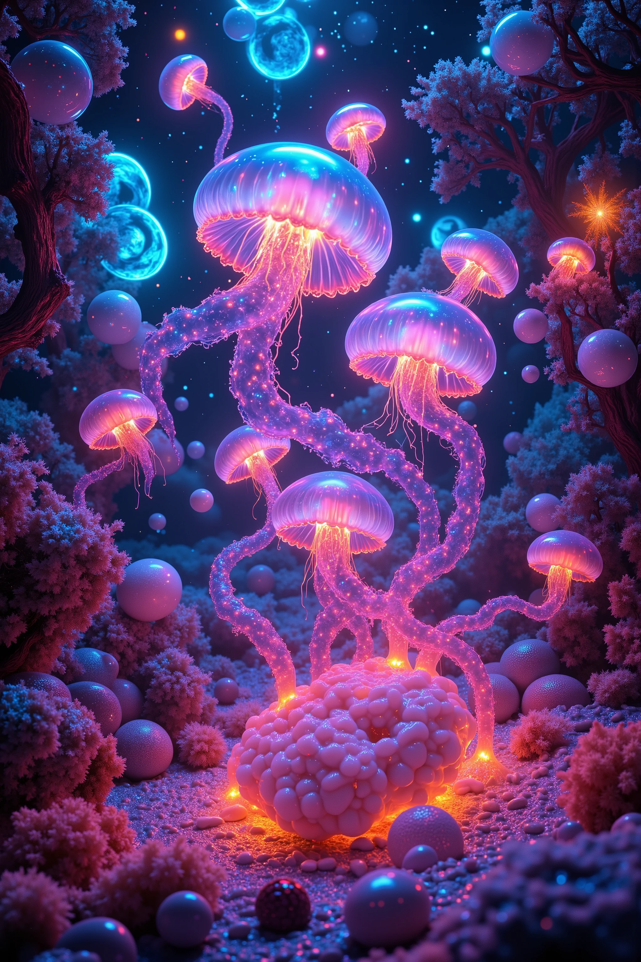 LSD, DMT imagery. octane render. Bright neon colored translucent jelly like bodies with electrical wire nervous systems inside light up within the different shapes, that flow inside the abstract liquid, and glow in the dark structure. Octane render, black 3d fluid simulation,  ethereal bubbles, swirling chemical liquids, and highly volatile chemicals at different temperatures cause natural movements within the solution causing jelly sacks to explode with accelerated growth of life. Psilocybin Dream inside a perfectly formed reality breaks into another, the shift casuses chaos and insanity. Extreme Hallucinations in a gorgeous piece of psychedelic digital artwork, Stunning, pixel art, 4d mandelbulb psychedelics, intricate underwater brightness, lifeforms twist and and grow inside of translucent glass looking shapes, bubbling with light and color glowing with luminescence. Fluorescents and neon aesthetic, bright colors are created as sulfuric acid mixes with noxious chemical compounds melting through the solid black background exposing other dimensions, swirling spirals and vortexes turn into whirlpools and sinkholes draining the horrible chemical fluid. The new life breaks out and spills into the universe unexpectedly. Ultra detailed, ultra realistic,Pixel Assets,Portrait photography,surrealism, hyperrealism, Photorealistic, Hyperdetailed, Glass Morphism, Digital Art, Sparkle, Optical Illusion, Glowing Light, Reflective Light, Overexposure, Backlighting,full focus, spheres and bubbles show perfect Symmetry, Awe inspiring, Breathtaking, Indescribably Beautiful, Heaven sent images, Best Quality, Award Winning, Masterpiece.