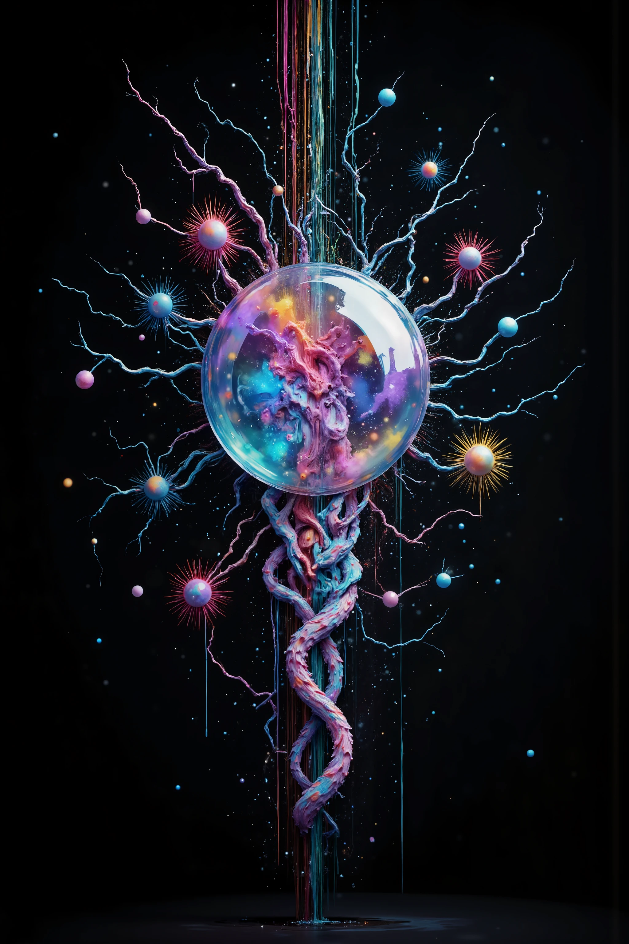 LSD, DMT imagery. octane render. Bright neon colored translucent wombs hold bodies inside with electrical wire for nervous systems lighting up the different shapes flowing inside the abstract liquid, and glow in the dark structure. Octane render, black 3d fluid simulation,  ethereal bubbles, swirling chemical liquids, and highly volatile chemicals at different temperatures cause natural movements within the solution causing the wombs to explode with dramatically accelerated growth of life. Psilocybin Dream inside a perfectly formed reality breaks into another, the shift casuses chaos and insanity. Extreme Hallucinations in a gorgeous piece of psychedelic digital artwork, Stunning, pixel art, 4d mandelbulb psychedelics, intricate underwater brightness, lifeforms twist and and grow inside of translucent glass looking shapes, bubbling with light and color glowing with luminescence. Fluorescents and neon aesthetic, bright colors are created as sulfuric acid mixes with noxious chemical compounds melting through the solid black background exposing other dimensions, swirling spirals and vortexes turn into whirlpools and sinkholes draining the horrible chemical fluid. The new life breaks out and is born, spilling into the universe unexpectedly. Ultra detailed, ultra realistic,Pixel Assets,Portrait photography,surrealism, hyperrealism, Photorealistic, Hyperdetailed, Glass Morphism, Digital Art, Sparkle, Optical Illusion, Glowing Light, Reflective Light, Overexposure, Backlighting,full focus, spheres and bubbles show perfect Symmetry, Awe inspiring, Breathtaking, Indescribably Beautiful, Heaven sent images, Best Quality, Award Winning, Masterpiece.
