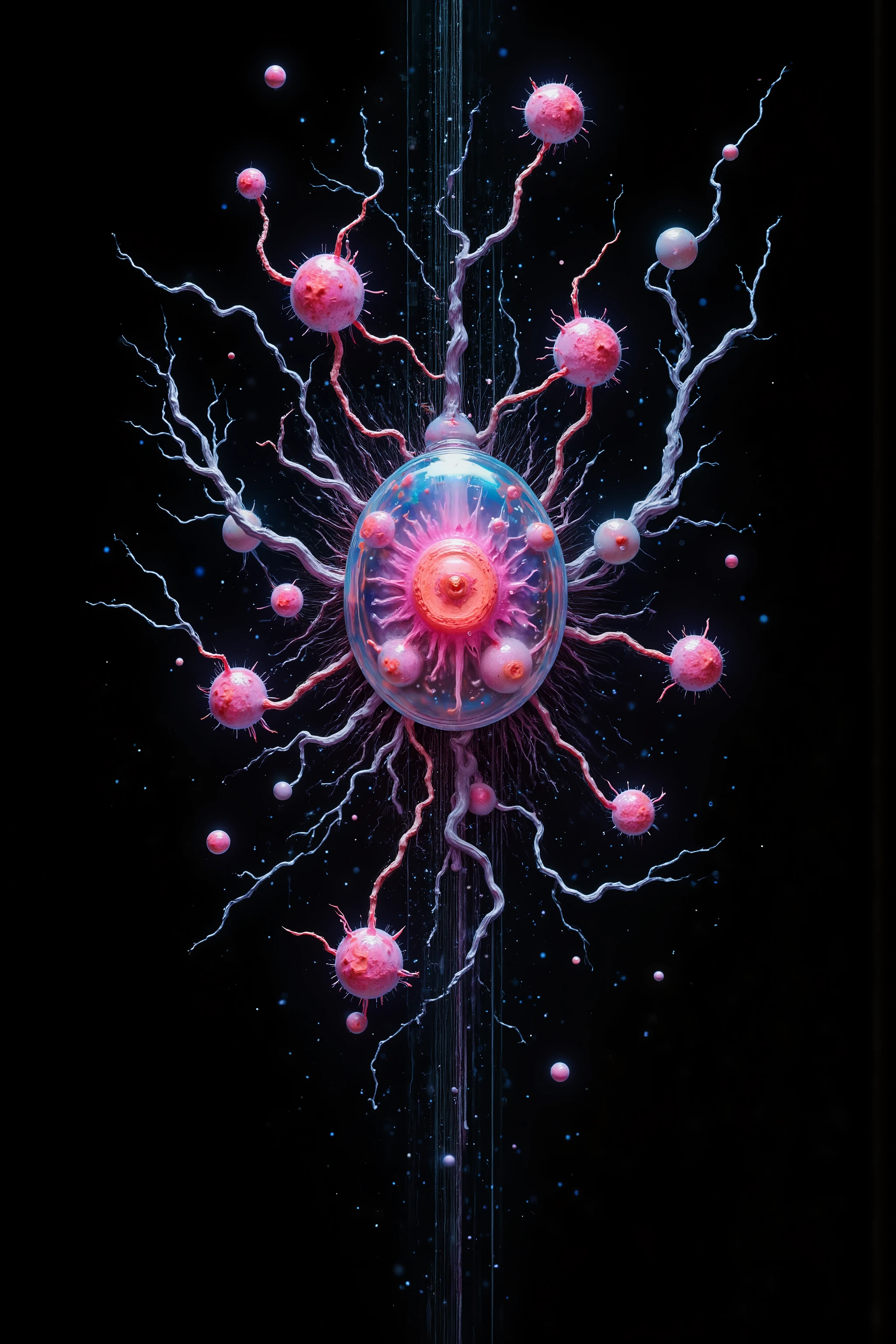 LSD, DMT imagery. octane render. Bright neon colored translucent wombs hold bodies inside with electrical wire for nervous systems lighting up the different shapes flowing inside the abstract liquid, and glow in the dark structure. Octane render, black 3d fluid simulation, ethereal bubbles, swirling chemical liquids, and highly volatile chemicals at different temperatures cause natural movements within the solution causing the wombs to explode with dramatically accelerated growth of life. Psilocybin Dream inside a perfectly formed reality breaks into another, the shift casuses chaos and insanity. Extreme Hallucinations in a gorgeous piece of psychedelic digital artwork, Stunning, pixel art, 4d mandelbulb psychedelics, intricate underwater brightness, lifeforms twist and and grow inside of translucent glass looking shapes, bubbling with light and color glowing with luminescence. Fluorescents and neon aesthetic, bright colors are created as sulfuric acid mixes with noxious chemical compounds melting through the solid black background exposing other dimensions, swirling spirals and vortexes turn into whirlpools and sinkholes draining the horrible chemical fluid. The new life breaks out and is born, spilling into the universe unexpectedly. Ultra detailed, ultra realistic,Pixel Assets,Portrait photography,surrealism, hyperrealism, Photorealistic, Hyperdetailed, Glass Morphism, Digital Art, Sparkle, Optical Illusion, Glowing Light, Reflective Light, Overexposure, Backlighting,full focus, spheres and bubbles show perfect Symmetry, Awe inspiring, Breathtaking, Indescribably Beautiful, Heaven sent images, Best Quality, Award Winning, Masterpiece.