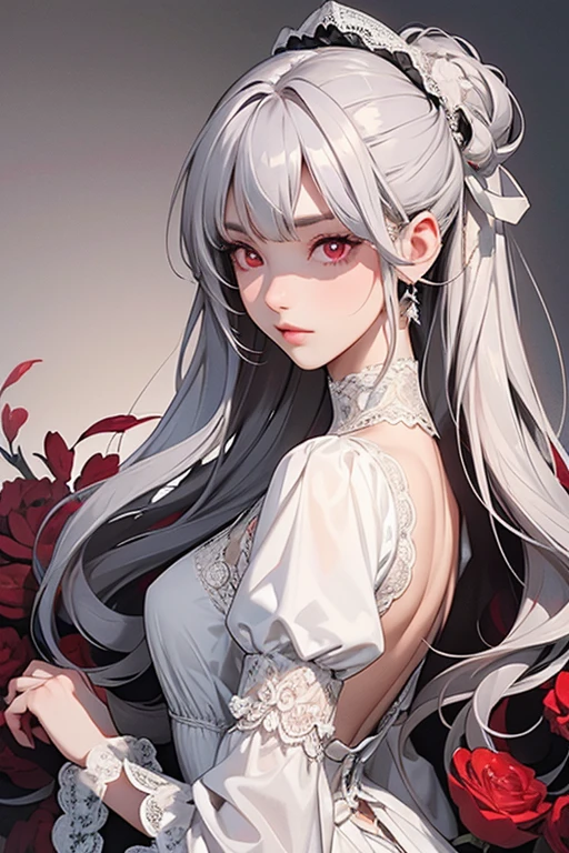 HAIRSTYLE WITH FULL BACK 、(( red eyes)).Silver hair back、 HER HAIR IS SHOULDER LONG . Clear Eyes、((LACE VICTORIAN DRESS )).