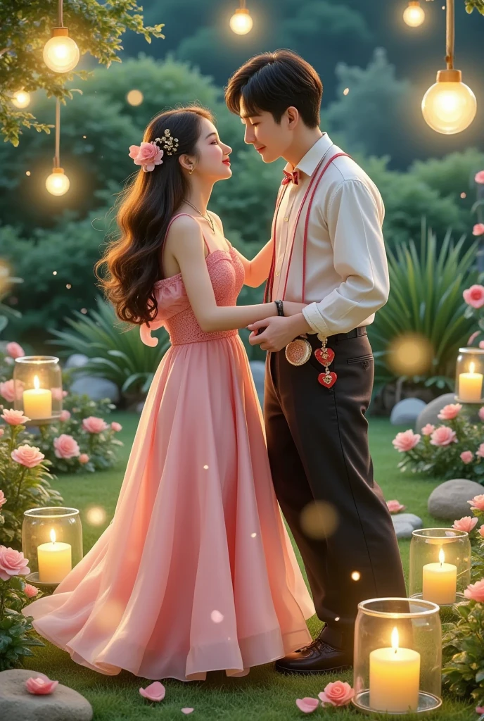 Sharing a romantic dance , Valentine's Day,一对情侣在迷人的garden中心跳浪漫的舞蹈. The scene is illuminated by floating candles and lanterns , projects a warm , softly. garden , From the delicate petals of flowers to the lush green leaves , The intricate details are presented in amazing 8K resolution . The couple, Lost in your arms , radiates a deep sense of love and connection . The atmosphere is full of magical and dreamy quality , The surrounding environment is enhanced by soft light and serene beauty .