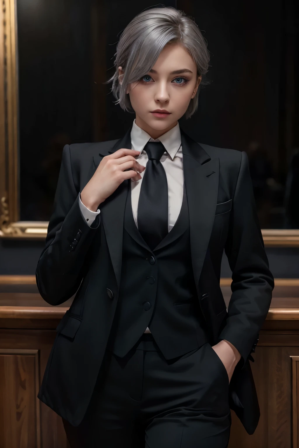 ung woman, early 20s, cute, russian, Bethel, blue eyes, medium chest, Short hair, gray hair, hair above one eye, Gloves, alone, (black business suit:1.3), black necktie, long sleeves, serious look, (masterpiece), (best quality), (very detailed), Coat on shoulder, mafia boss.