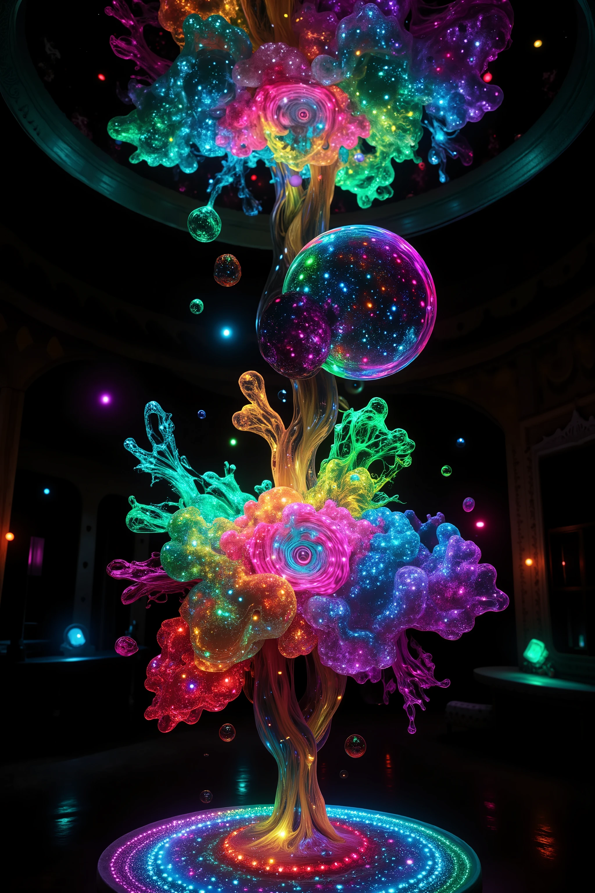 Extreme glow and shine reflect off glass orbs glass bubbles, in a room full of mirrors spheres full of fizzing neon colored liquid spill into reflective bubbles,and the mirrors reflect all the objects. Incorporate perfect symmetry and rotational symmetry. A psychedelic dream, vibrant colors shimmering, glass morphing from colors, intricate rainbow patterns twist in and out of objects while dripping into each other,  perfectly formed symmetrical spheres and glowing reflective bubbles, extreme attention to detail on the bubbles and spheres, rainbows of color twist out of translucent orbs, spilled paint and spirals of swirling color in the background, beautiful psychedelic digital art, pixel art, neon colors, 4d mandelbulb psychedelics, glass-like psychedelic landscape, intricate rainbow environment, psychedelic underwater brightness, trails of color and light, bright fluorescent colors, psychedelic vibrant colors, bright psychedelic neon colors, colorful paint drips out of the bubbles, 3D glass spheres melting into each other spilling out colors, visually disorienting, hallucination inducing, optical illusions, startling, stunning images, awe-inspiringly, best quality wallpaper, pixel assets, portrait photography, surrealism, photorealistic, hyper detailed, glass morphism, digital art, sparkle, optical illusion, glowing light, reflection light, overexposure, god rays backlighting, depth of field, rotational symmetry, UHD, high details, high quality, super detailed, best quality, award winning, Masterpiece. Spheres reflecting light everywhere and it brings out images and optical illusions for the viewer's disorienting experience of looking at it. Super bright neon Colors.** incorporate bright neon green, neon blue, neon purple, neon yellow, &blood red**Extreme glow and shine reflect.