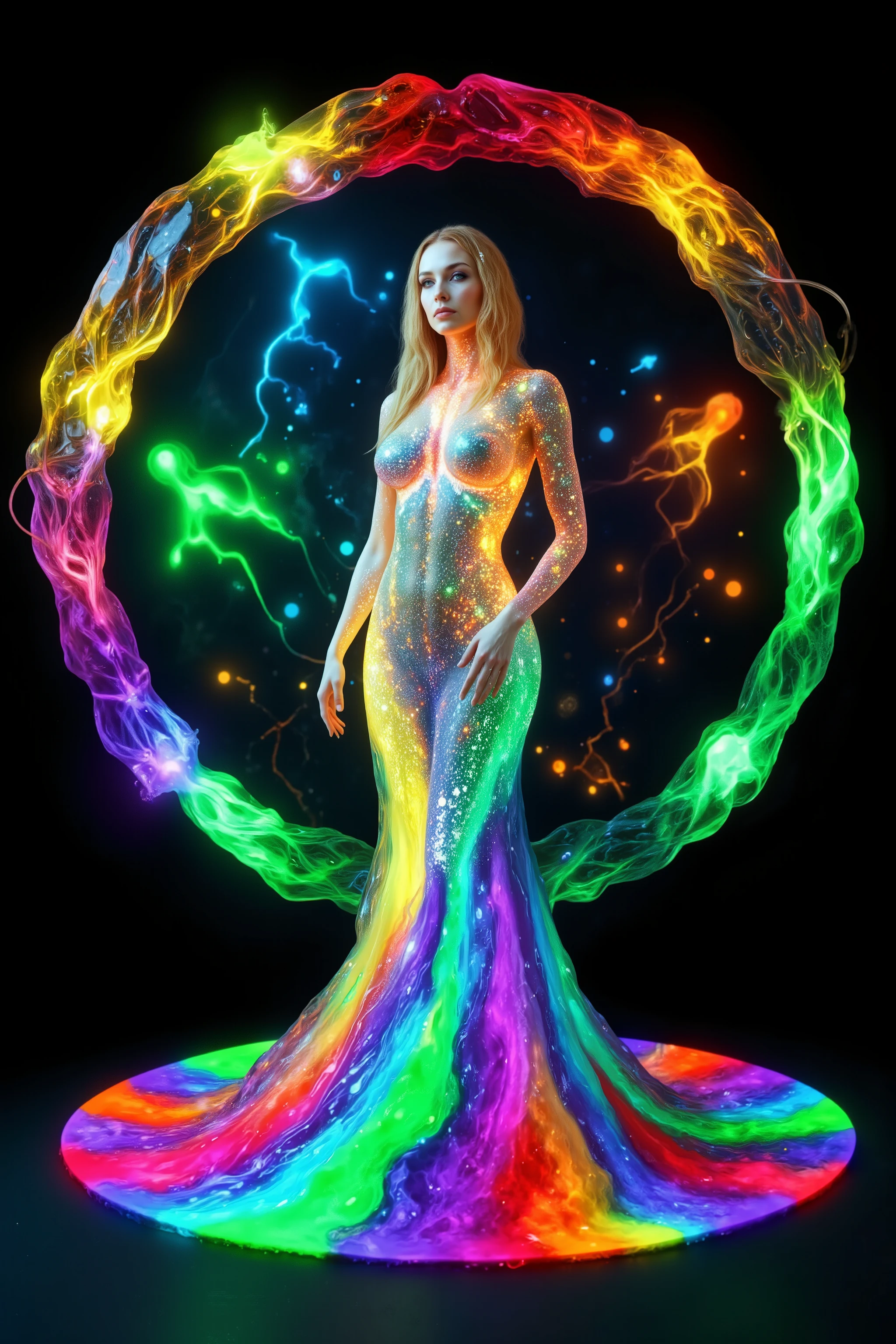 LSD, DMT imagery.lorasVivid vibrant color stylewetcovered in oil wet clothes, etc to floglo the absclrstl style,octane render. Bright neon colored translucent wombs hold bodies inside with electrical wire for nervous systems lighting up the different shapes flowing inside the abstract liquid, and glow in the dark structure. Octane render, gublack 3d fluid simulation, ethereal bubbles, swirling chemical liquids, and highly volatile chemicals at different temperatures cause natural movements within the solution causing the wombs to explode with dramatically accelerated growth of life. Psilocybin Dream inside a perfectly formed reality breaks into another, the shift casuses chaos and insanity. Extreme Hallucinations in a gorgeous piece of psychedelic digital artwork, Stunning, pixel art, 4d mandelbulb psychedelics, intricate underwater brightness, lifeforms twist and and grow inside of translucent glass looking shapes, bubbling with light and color glowing with luminescence. Fluorescents and neon aesthetic, bright colors are created as sulfuric acid mixes with noxious chemical compounds melting through the solid black background exposing other dimensions, swirling spirals and vortexes turn into whirlpools and sinkholes draining the horrible chemical fluid. The new life breaks out and is born, spilling into the universe unexpectedly. Ultra detailed, ultra realistic,Pixel Assets,Portrait photography,surrealism, hyperrealism, Photorealistic, Hyperdetailed, Glass Morphism, Digital Art, Sparkle, Optical Illusion, Glowing Light, Reflective Light, Overexposure, Backlighting,full focus, spheres and bubbles show perfect Symmetry, Awe inspiring, Breathtaking, Indescribably Beautiful, Heaven sent images, Best Quality, Award Winning, Masterpiece.