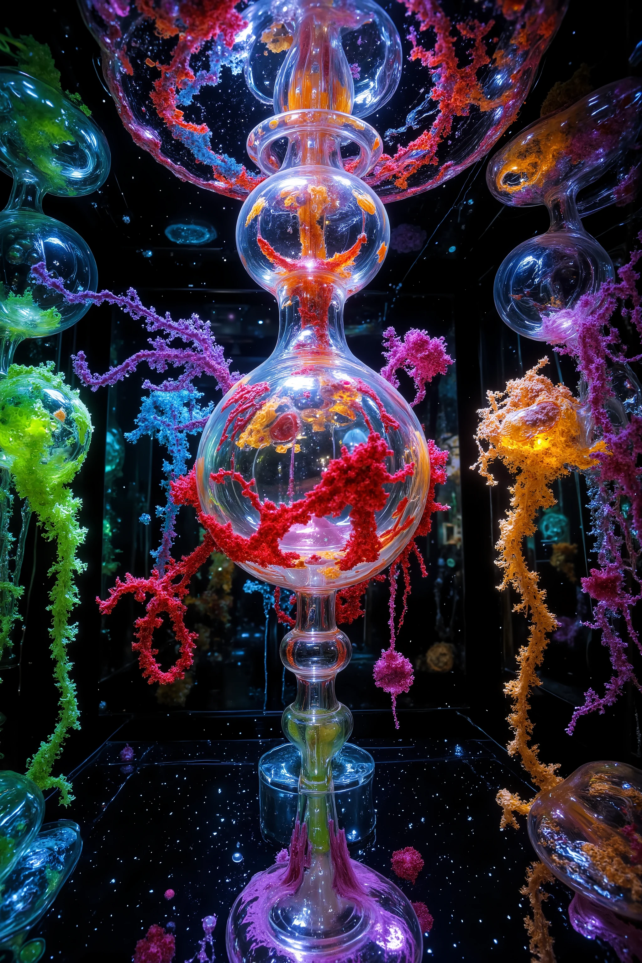 Extreme glow and shine reflect off glass orbs glass bubbles, in a room full of mirrors spheres full of fizzing neon colored liquid spill into reflective bubbles,and the mirrors reflect all the objects. Incorporate perfect symmetry and rotational symmetry. A psychedelic dream, vibrant colors shimmering, glass morphing from colors, intricate rainbow patterns twist in and out of objects while dripping into each other,  perfectly formed symmetrical spheres and glowing reflective bubbles, extreme attention to detail on the bubbles and spheres, rainbows of color twist out of translucent orbs, spilled paint and spirals of swirling color in the background, beautiful psychedelic digital art, pixel art, neon colors, 4d mandelbulb psychedelics, glass-like psychedelic landscape, intricate rainbow environment, psychedelic underwater brightness, trails of color and light, bright fluorescent colors, psychedelic vibrant colors, bright psychedelic neon colors, colorful paint drips out of the bubbles, 3D glass spheres melting into each other spilling out colors, visually disorienting, hallucination inducing, optical illusions, startling, stunning images, awe-inspiringly, best quality wallpaper, pixel assets, portrait photography, surrealism, photorealistic, hyper detailed, glass morphism, digital art, sparkle, optical illusion, glowing light, reflection light, overexposure, god rays backlighting, depth of field, rotational symmetry, UHD, high details, high quality, super detailed, best quality, award winning, Masterpiece. Spheres reflecting light everywhere and it brings out images and optical illusions for the viewer's disorienting experience of looking at it. Super bright neon Colors.** incorporate bright neon green, neon blue, neon purple, neon yellow, &blood red**Extreme glow and shine reflect.