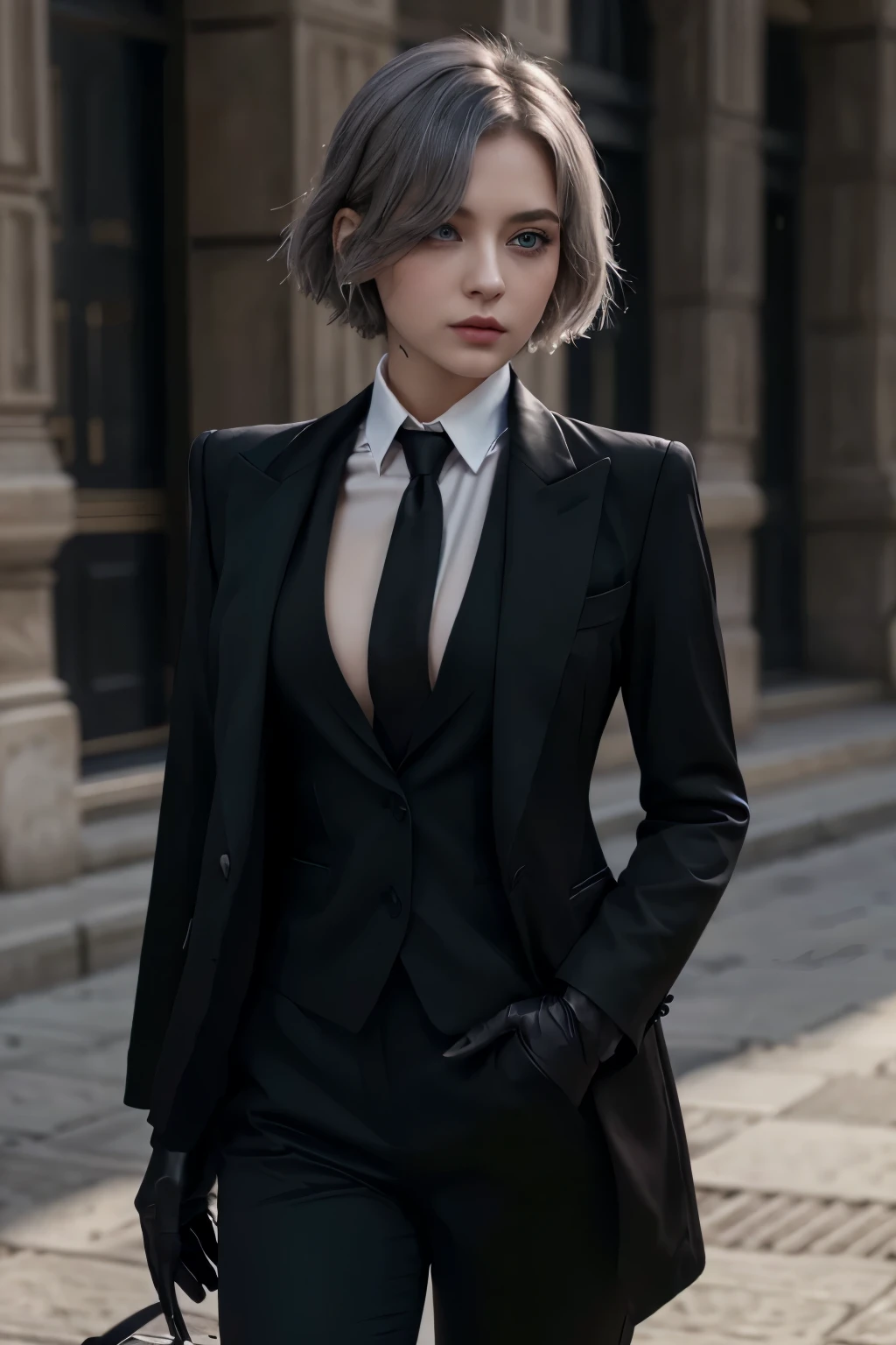 ung woman, early 20s, cute, russian, Bethel, blue eyes, medium chest, Short hair, gray hair, hair above one eye, Gloves, alone, (black business suit:1.3), black necktie, long sleeves, serious look, (masterpiece), (best quality), (very detailed), Coat on shoulder, mafia boss.