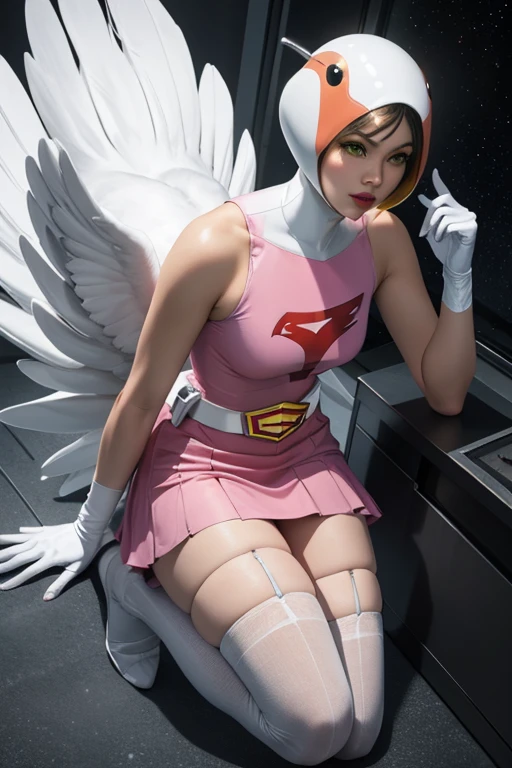 Anime girl with angel wings and a pink bodysuit posing, Abnormally enlarged hips, (((gigantic breast))), super wide angel, biomechanical , Boob proportions, chic, Bubble Gum Body, Shiny skin, Highly detailed body, Cute sexy ass, latex BODY suit, Pink Hair, Heart-shaped earrings, A-line bob cut hair, blue eyes, Blue glowing eyes, Circle of angels overhead, torogao, tongue out, saliva, blush, giggling, Heart shaped maebari