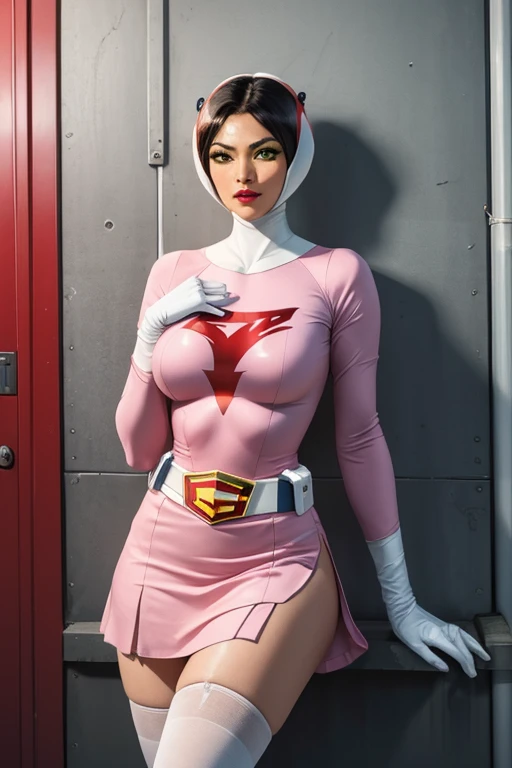 (masterpiece,best quality:1.2),highres,extremely detailed, intricate details, portrait, looking at viewer,
ANI_CLASSIC_jun_gatchaman_ownwaifu, jun the swan,
solo, 1girl, a stunning young adult female standing, slender, narrow waist, (huge breasts), covered nipples, cloth bulge, detailed face, detailed eyes,
visor, helmet, white cape, elbow gloves, white gloves, belt, thighs, white legwear, superhero, spacesuit, short dress, pink dress, pink leotard, pink skirt,
photo background, outdoors, daytime, sunny,