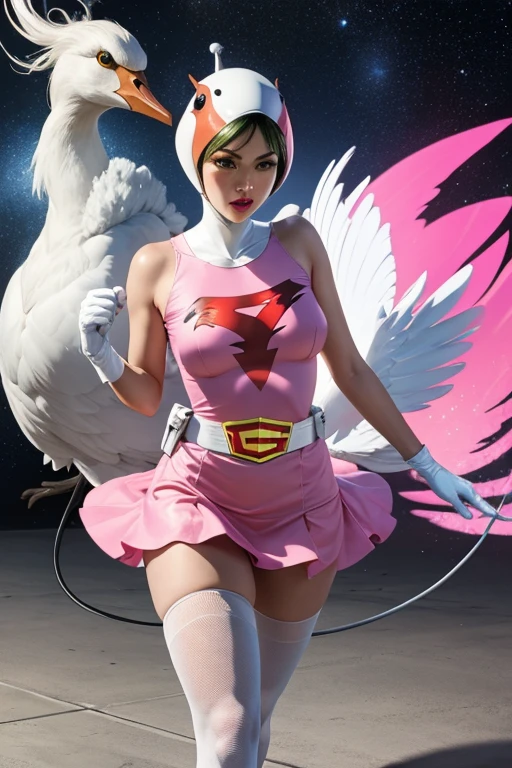 Anime girl with angel wings and a pink bodysuit posing, Abnormally enlarged hips, tits, super wide angel, biomechanical tits, tits proportions, chic, Bubble Gum Body, Shiny skin, Highly detailed body, Cute sexy ass, latex BODY suit, White Hair, Heart-shaped earrings, A-line bob cut hair, Put your index finger on your lips, blue eyes, Blue glowing eyes