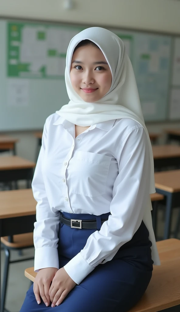 beautiful Indonesian High school girl, (wh ite hijab), young, seragamsmahijab, schoo 1, full body, realistic, photorealistic, photo- realistic:1.37, (best quality, 8k,highres,mast erpiece:1.2), ultra-detailed, HDR, UHD, studio lighting, extreme detail description, profess ional, vivid colors