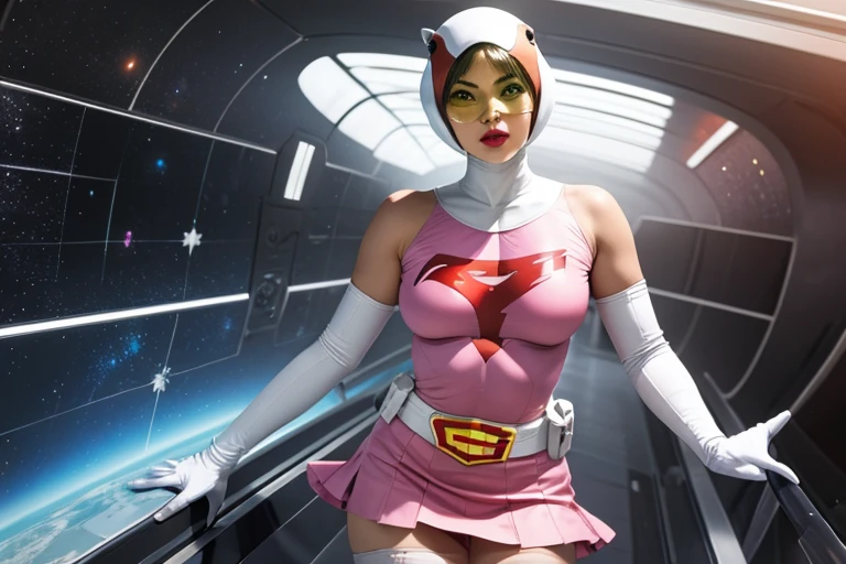 ANI_CLASSIC_jun_gatchaman_ownwaifu,1girl, 18yo,good anatomy, masterpiece, best quality,realistic, hyperrealistic, 16k hdr,
long hair,breasts,green eyes,lips,large breasts,lipstick,makeup,gloves,cape,helmet,belt,elbow gloves,white gloves,mask,ultra miniskirt,leotard,spacesuit,white legwear,pink dress,superhero,bodysuit,cleavage,erected nipples,(sexy pose,from below:1.2),(spread legs:1.1),cameltoe,sweat,smile,squatting,space ship,see through nipples