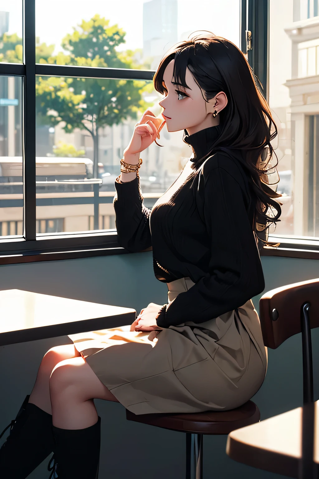 There is a woman sitting at a table with a cup of coffee - SeaArt AI