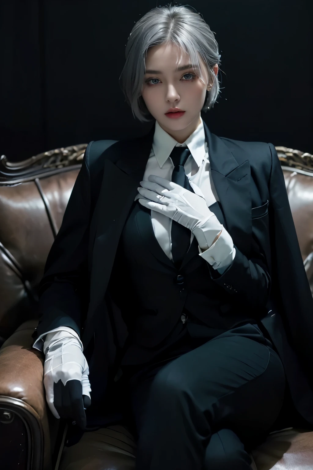1 young woman, early 20s, cute, russian, Bethel, blue eyes, medium chest, Short hair, gray hair, hair above one eye, Gloves, alone, (black business suit:1.3), black necktie, long sleeves, serious look, (masterpiece), (best quality), (very detailed), Coat on shoulder, mafia boss.