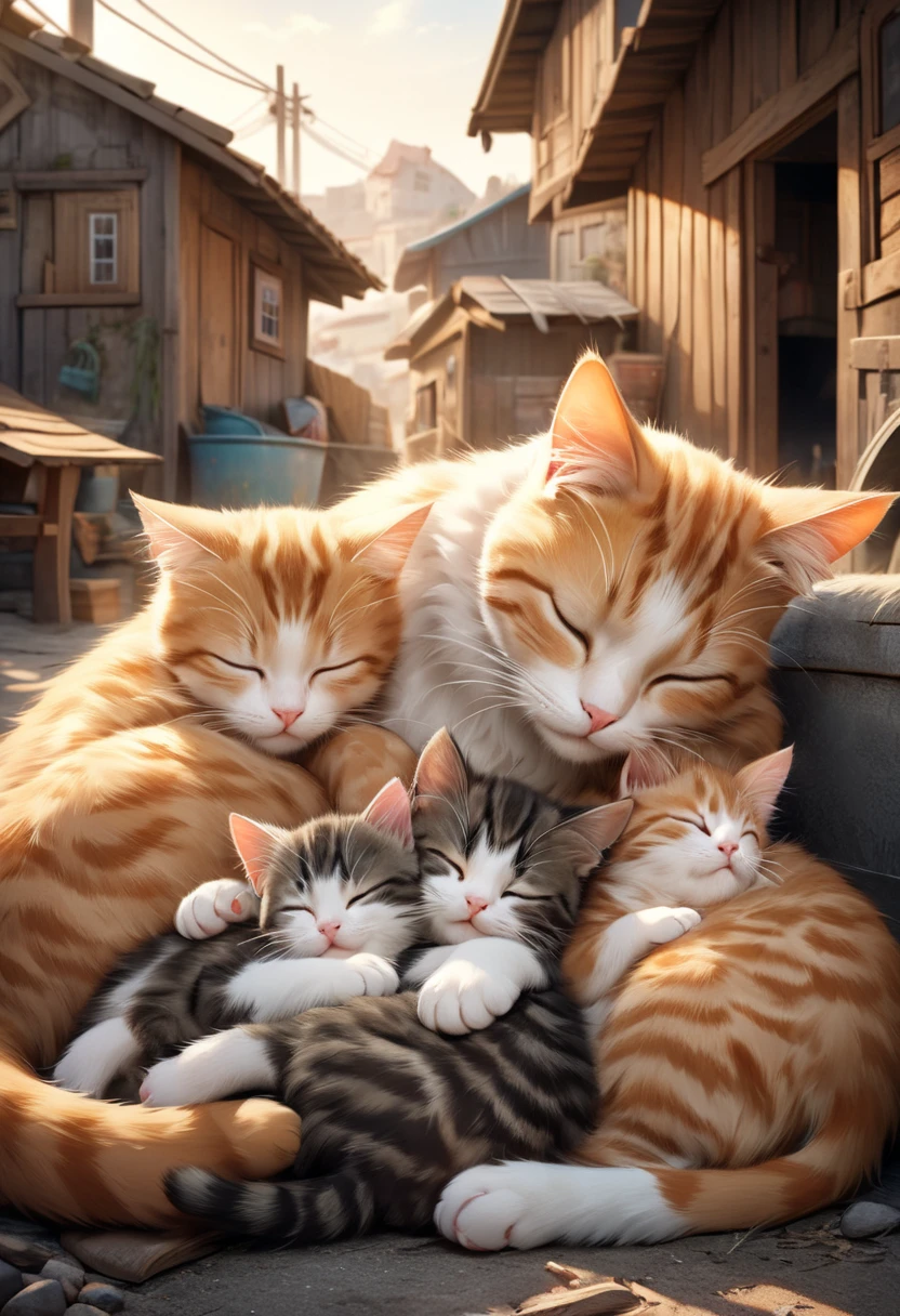 Realistic, artistic work, real photo 8K quality, theme is "Warm hug", stray mother cat and three kittens sleeping together, mother cat hugs her kittens. In the background, the shacks of the port are blurred, a heartwarming scene.