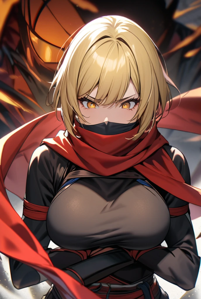 1girl,solo,super detailed skin,shiny skin,tanned skin,angelic smile,pale blonde hair,short hair,hime cut,blunt bangs,beautiful detailed eyes ,eyelashes,lips gloss ,large breasts,asymmetry body suit,Shinobi clothes,simple background ,sand magic ,standing,masterpiece,best quality,ultra detailed,high resolution,sharp focus