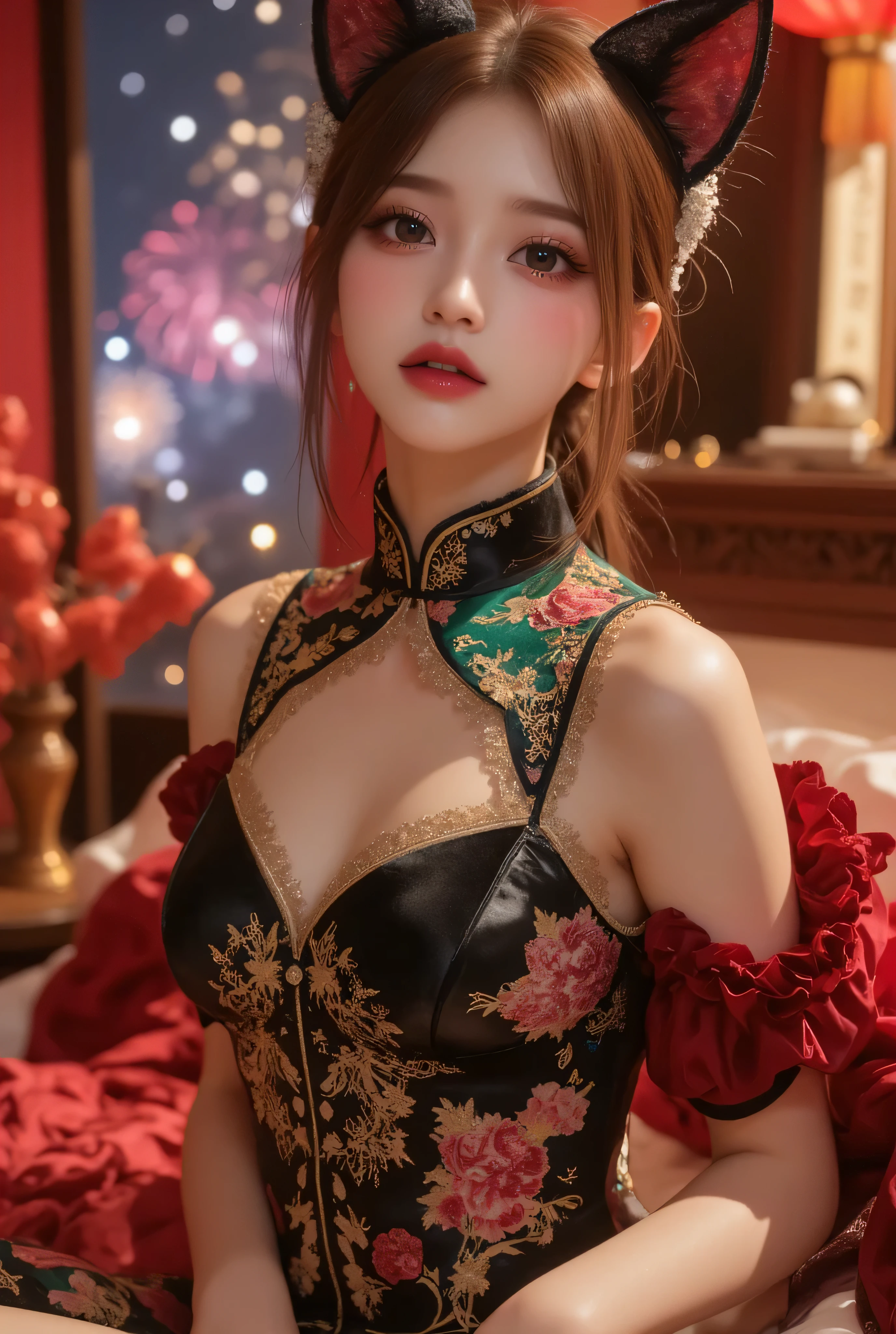 Cat ears、 face up, attractive, pretty girl, ponytail、few beautiful lady hair decorations, (( fine facial features , eroticism)), dramatic lighting , realistic , 8k, Dramatic Shadows , intricate and elaborate patterns , super detailed photo , chiaroscuro lighting , Pleasant colors , deep contrast , super real 、 pink lipstick、 warm room、Vintage Fireplace 、 cinematic composition、Close-up of face, pretty half part transparent open shoulder loose outfits dress, tang style, A beautiful Korean idol wearing a one piece red-green-blue-black-silver-gold tightly cheongsam with phoenix and intricate floral golden embroidery, golden and silver outline on dress, standing gracefully in a room filled with traditional Chinese New Year decorations. The room features vibrant red lanterns, decorative calligraphy scrolls, a small Chinese orange tree with golden ornaments, and several red envelopes scattered across the floor and hanging from the tree. Adorable, playful cats are part of the scene—some sitting near the tree, others curiously pawing at the red envelopes or lounging around. Through a window or an open door in the background, vibrant Chinese fireworks light up the night sky in an array of reds, golds, and blues, casting a magical glow into the room. The idol’s outfit is paired with subtle accessories like red hairpins or earrings, complementing the festive look. The atmosphere is warm and lively, filled with the joyful essence of the celebration, enhanced by the shimmering lights of the fireworks and the lively decor.