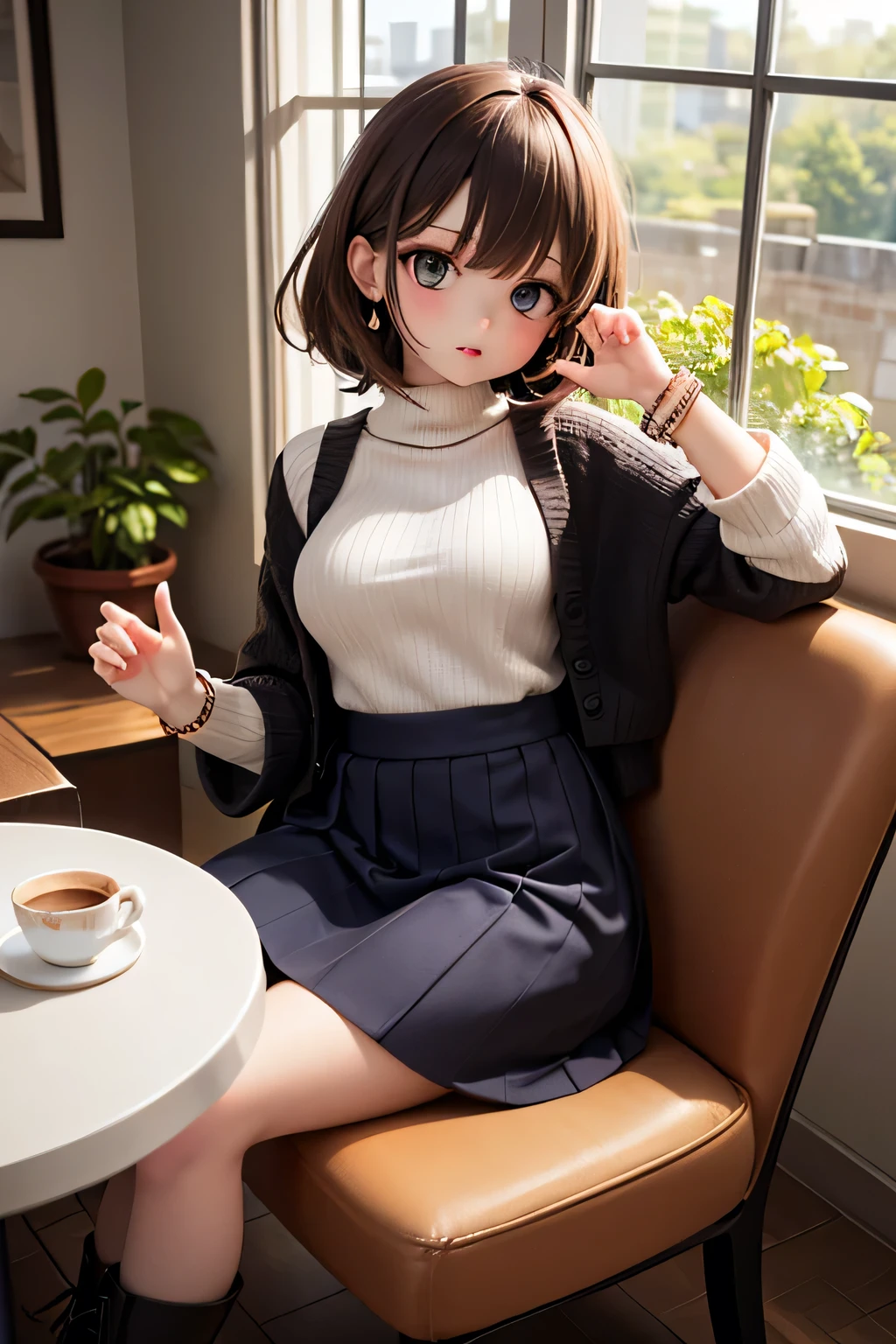 top quality、 Hi-Res、( high image quality:1.2)、 Masterpiece、 detailed background 、 beautiful woman in her 20s 、( big size:1.2)、( very detailed face:1.4)、 detailed expressions 、( Details:1.4)、 anatomically correct、(Normal number of fingers)、A sad scene 、Afternoon after the rain、 restless atmosphere 、Cold coffee 、 In contrast to the hustle and bustle outside, only her time flows quietly 、
( woman sitting alone by the cafe window :1.5)、( side face staring into the distance by the cafe window:1.5)、
loose oversized knit with nuance colors such as ivory, greige, and mocha brown、 ribbed turtleneck 、Pleated long skirt、 simple short boots made of suede material 、 simple gold rings and earrings 、 narrow leather bracelets that adorn hands 、 low ponies wrapped loosely Chignon with curly hair 、Brown lips 、 Calm Atmosphere 、 Very Beautiful