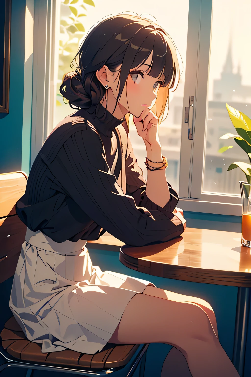 Anime girl sitting at a table with a glass of orange juice - SeaArt AI