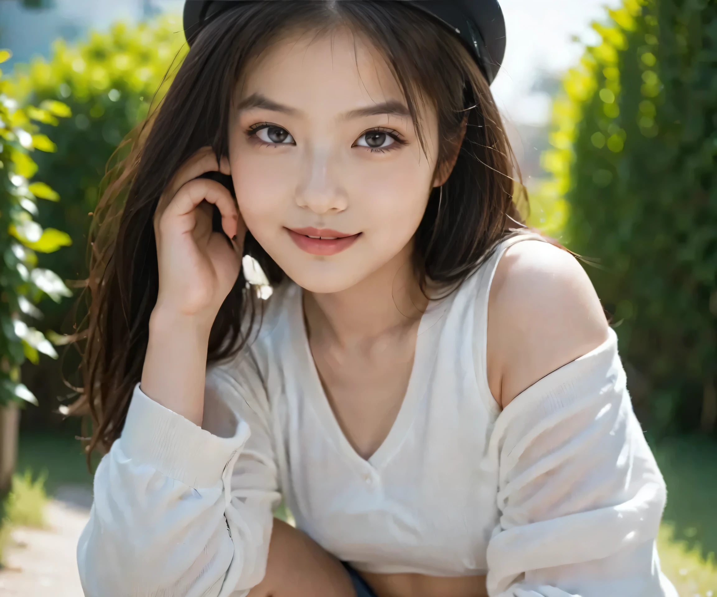 {8k}, {RAW photo}, {best quality}, {masterpiece}, {realistic}, {photo-realistic}, {clear}, {professional lighting}, {beautiful face}, {best quality}, {ultra high res}, (a girl,squat, wearing a hat and smiling for the camera),,{{natural makeup}},{{{{ {{{Large double eyelids}}},,{{{long eyelashes}}},{{ Mascara }},{{ False eyelashes }},,{{{}},{{lipstick}},{{}},,{ face focus,},,, girl, dau-al-set , a stock photo