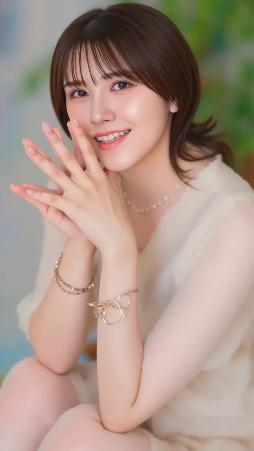 ((8K:1.27)、top-quality、masterpiece、超A high resolution:1.2)Photo Beautiful Japan woman (pleasing:1.1) (Brown clothes:1.21) Design by Gregg Lutkowski and Alphonse Mucha Intricate Elegance、Fantasia、detaileds、Geometry、Gradient lighting、1girl in、Delicate skin、looking at the spectator、Brown-eyed、(short flaxen hair:1.2)、(Medium chest:1.0)、(medium areola:0.8)、(Photorealsitic:1.4)、(top-quality:1.0)、(超A high resolution:1.0)、(without hands:1.0)、8K、Raw photography、 (Representative songs: 0.2), (pureerosface_v1:0.5)、a necklace、tote bags、Office Building Lobby、Laugh、see -through、cute smile face、With collar、Thin fabric、