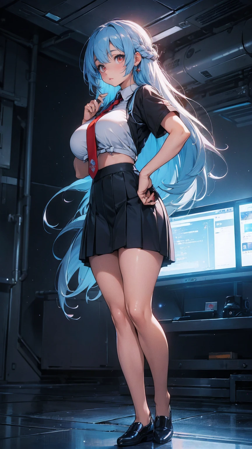 Hot woman, blue hair, orange eyes, black school clothes, mini skirt, magic