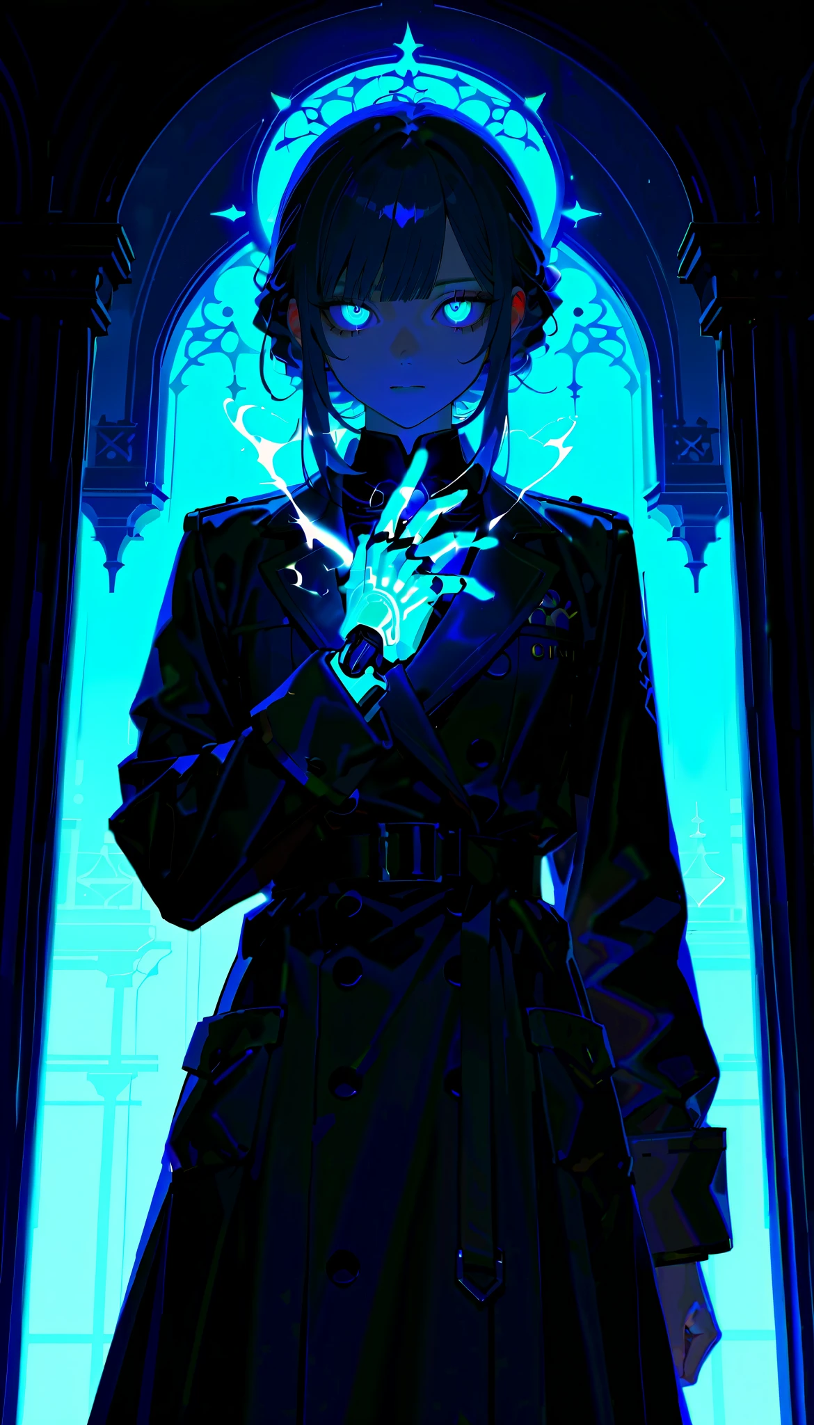 “A mysterious and intelligent scientist, Elise Folm stands tall and calm, wearing a long, tailored coat with numerous pockets filled with strange tools and glowing vials. Her pale skin and cold, calculating eyes give her a distant, detached look, and her long dark hair is neatly tied back. She holds a glowing mechanical device, radiating a faint blue light, symbolizing her fusion of alchemy and technology. The background shows a dimly lit laboratory, with flickering machines and alchemical symbols etched into the walls.”