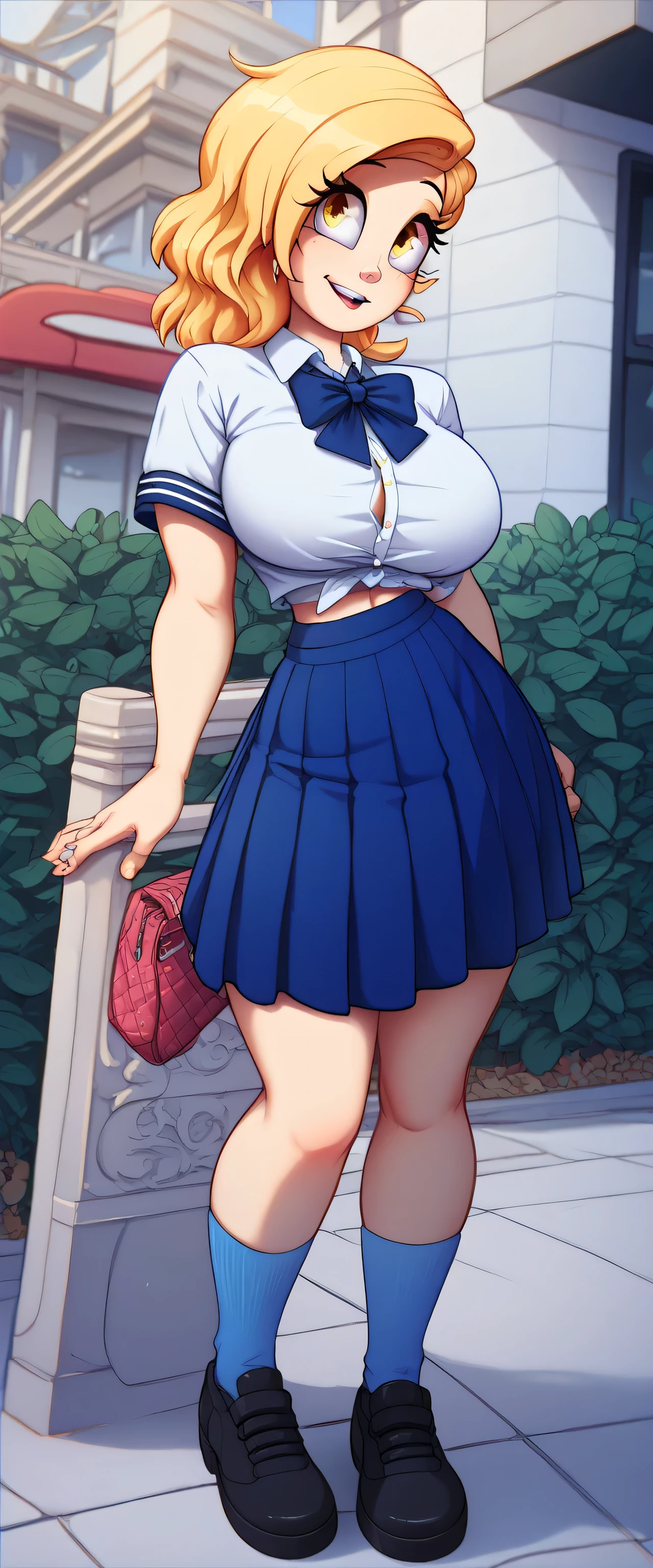 A sexy girl beautiful big breasted sensual dark yellow hair short her light yellow eye wears a white school uniform and a blue skirt cut long blue socks with black heel