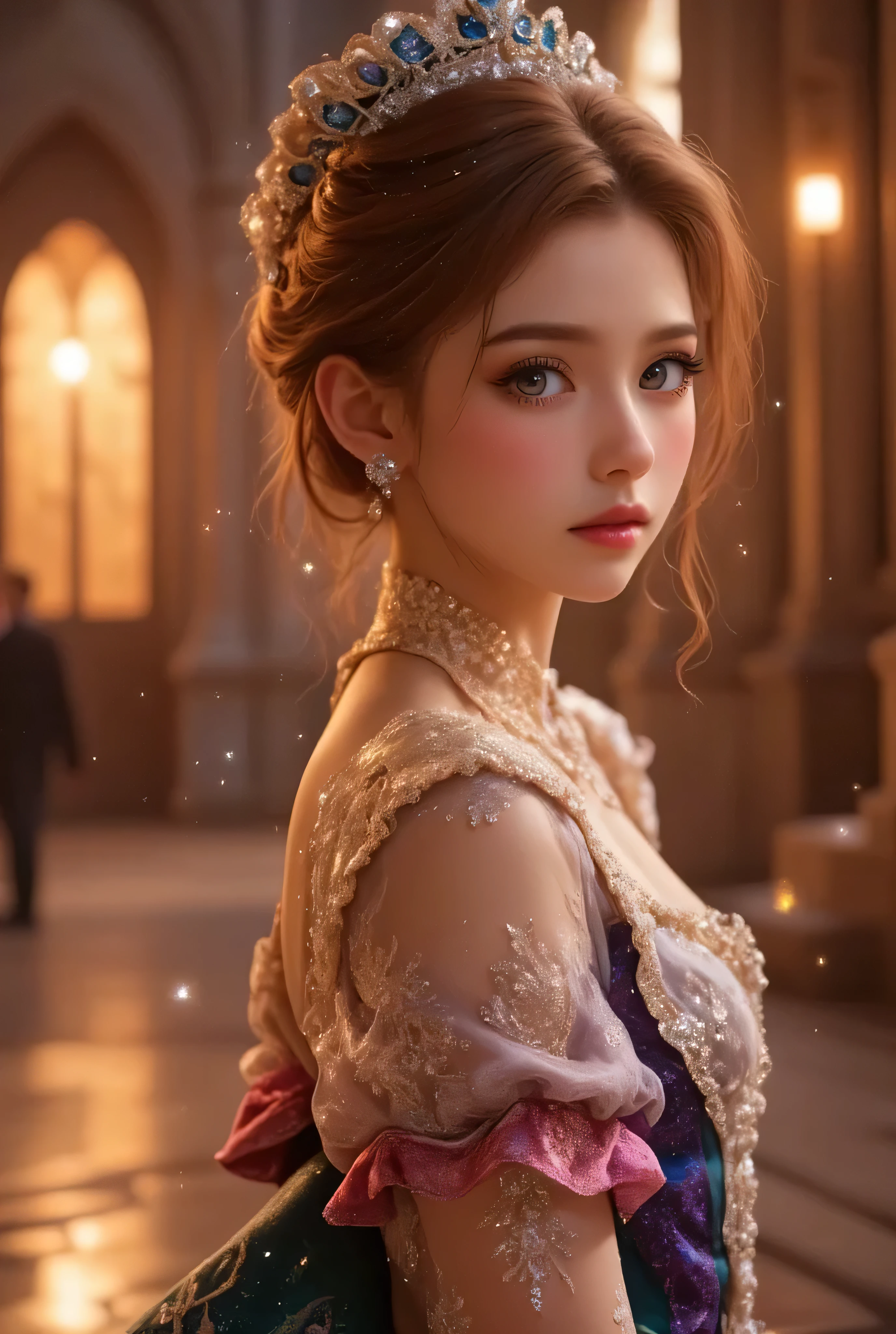 lors, deep contrast, super real, pink lipstick, warm atmosphere, cinematic composition, close-up of face. She is wearing a breathtakingly opulent princess dress with flowing, multi-layered fabrics in a mesmerizing blend of royal blue, deep crimson, emerald green, and shimmering violet, creating a dazzling gradient effect. The dress is adorned with intricate golden and silver embroidery, forming delicate floral and celestial patterns, intertwined with radiant, sparkling gems in shades of sapphire, ruby, emerald, and amethyst. The off-shoulder design is enhanced with sheer, shimmering fabrics that drape elegantly, catching the light like woven stardust. Her bodice is encrusted with fine jewel embellishments, and a beautifully detailed silver and gold belt cinches her waist, adding to the regal elegance. She also wears a dazzling gemstone necklace, a delicate tiara of intertwined silver and gold adorned with pearls and precious stones, and an exquisite matching bracelet.
She stands gracefully in front of a magnificent castle with towering spires, intricate stonework, and glowing stained-glass windows that cast a kaleidoscope of colors onto the grand courtyard. The castle is bathed in the golden light of a setting sun, with the sky painted in warm hues of orange, pink, and purple. Ethereal sparkles fill the air, adding a magical glow to the scene. Her expression is serene, confident, and regal, exuding the grace and charm of a true fairy-tale princess in a fantastical, enchanted world.