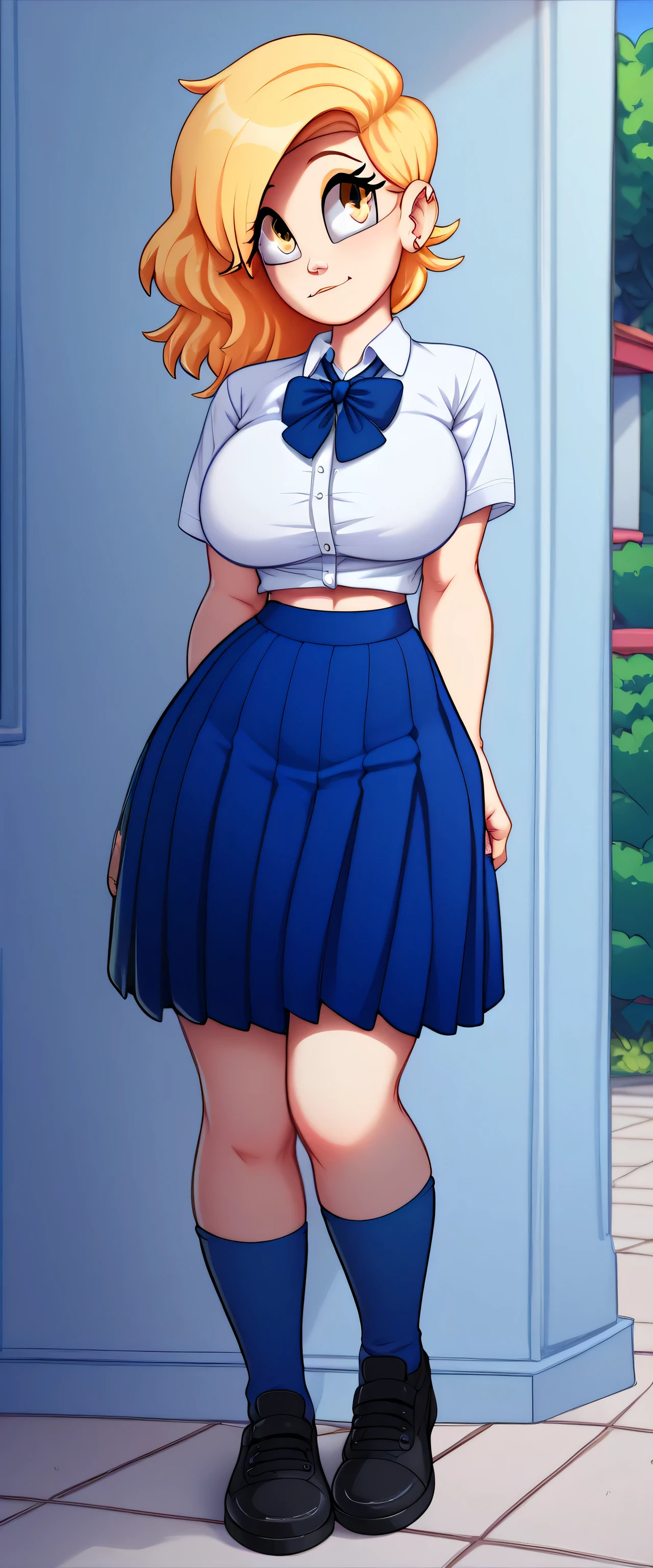 A sexy girl beautiful big breasted sensual dark yellow hair short her light yellow eye wears a white school uniform and a blue skirt cut long blue socks with black heel