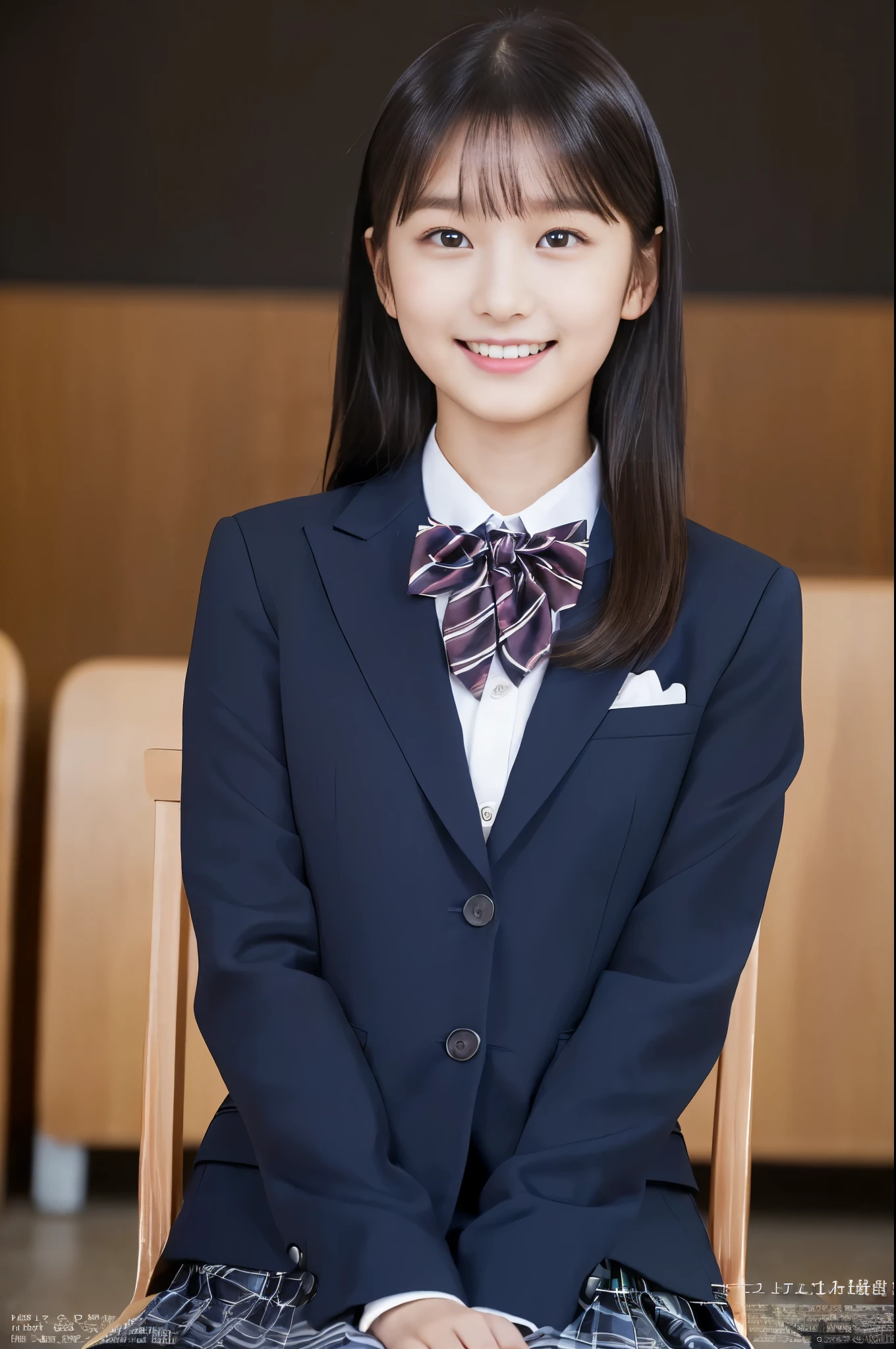 ( top quality,  Masterpiece:1.2),  top quality,  is present,  photos,  high resolution, 1080P, 8k,  physical rendering , ((: 158cm)),   Japanese Girl、((((((A beautiful 14-year-old fashion model from a Japanese fashion magazine is staring straight into the audience)))))), ((( x} beautiful dark brown eyes that are large and very detailed))), ((((Laugh at me!)))),  Fine fingers , (((Short, curly bangs))), ((((Very noble and pretty eyes,  meticulously drawn )))), (( double eyelids)), (((long eyelashes))), ((Cute adorable smiling cheeks)), ((Pure white light hits my nose and cheeks.  Her eyes and white face shine beautifully white .)), ((((( Her facial features are very expressive and has a nice smile , so sweet, Very very clever))))), (((( impressive plain dark blue large student bow tie solid color )))), ((((black, very beautiful and very long hair )))), (red and navy plaid formal long pleated skirt), ((( a slightly larger dark blue solid blazer with a gold crest 、It has a gold crest))), (( graceful like a noble princess )), ((Sitting on a chair on the platform of a rural station)), ((Full body shot from the side))