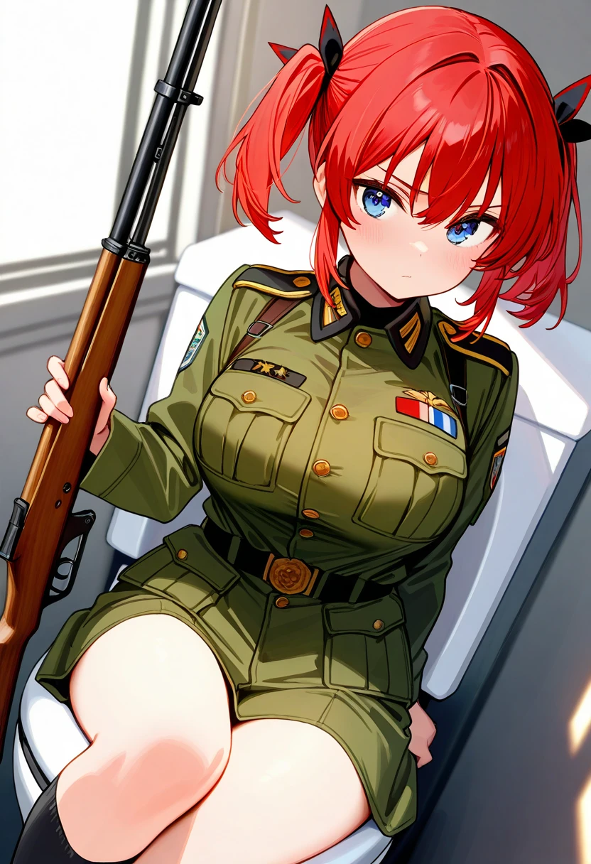 score_9,score_8_up,score_7_up,rating_safety,source_manga,masterpiece,best quality,hyper detailed,super fine illustration,8k,front angle,cowboy shot,BREAK 1girl,red hair,short twintail,blue eyes,army uniform,holding_weapon,sitting on toilet,BREAK fantasy room,detailed background,
