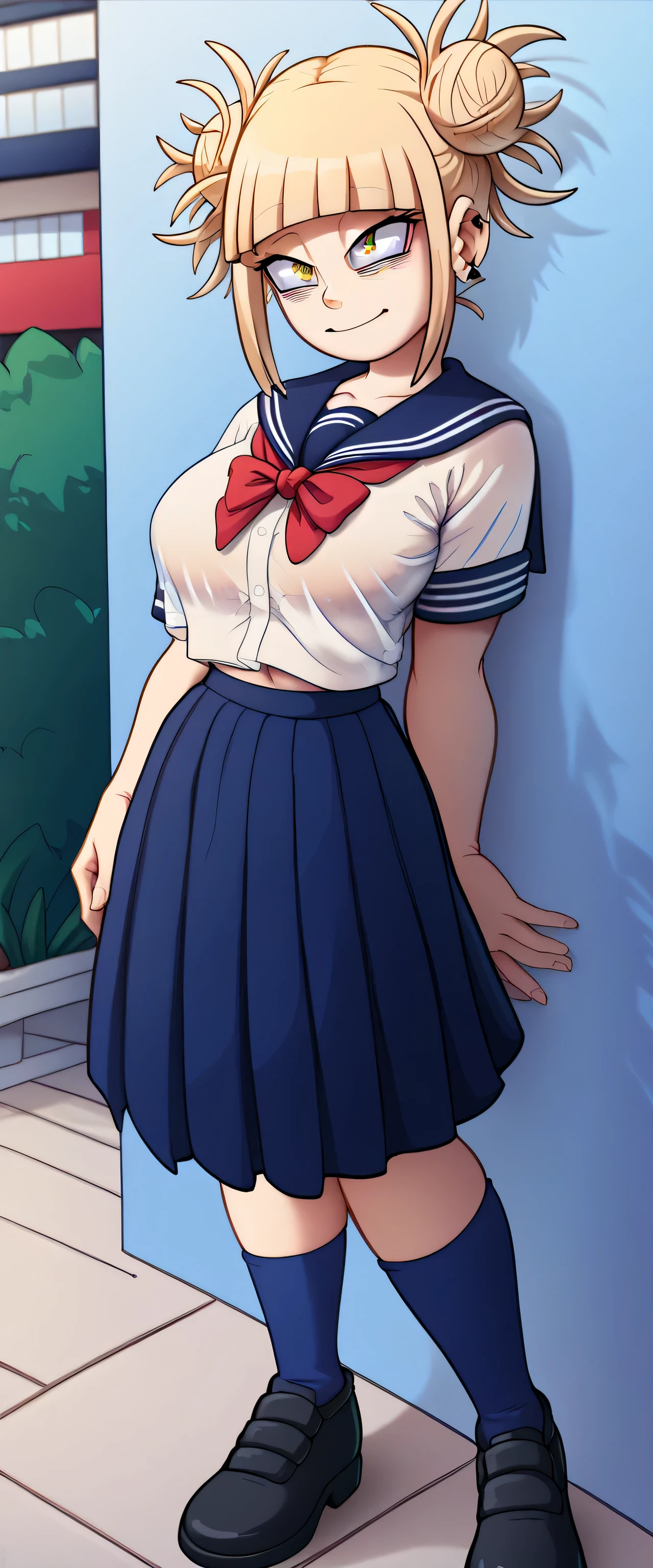 A sexy toga Himiko girl beautiful big breast sensual dark yellow hair short her light yellow eye wears white school uniform and a blue skirt cut blue socks long black heel