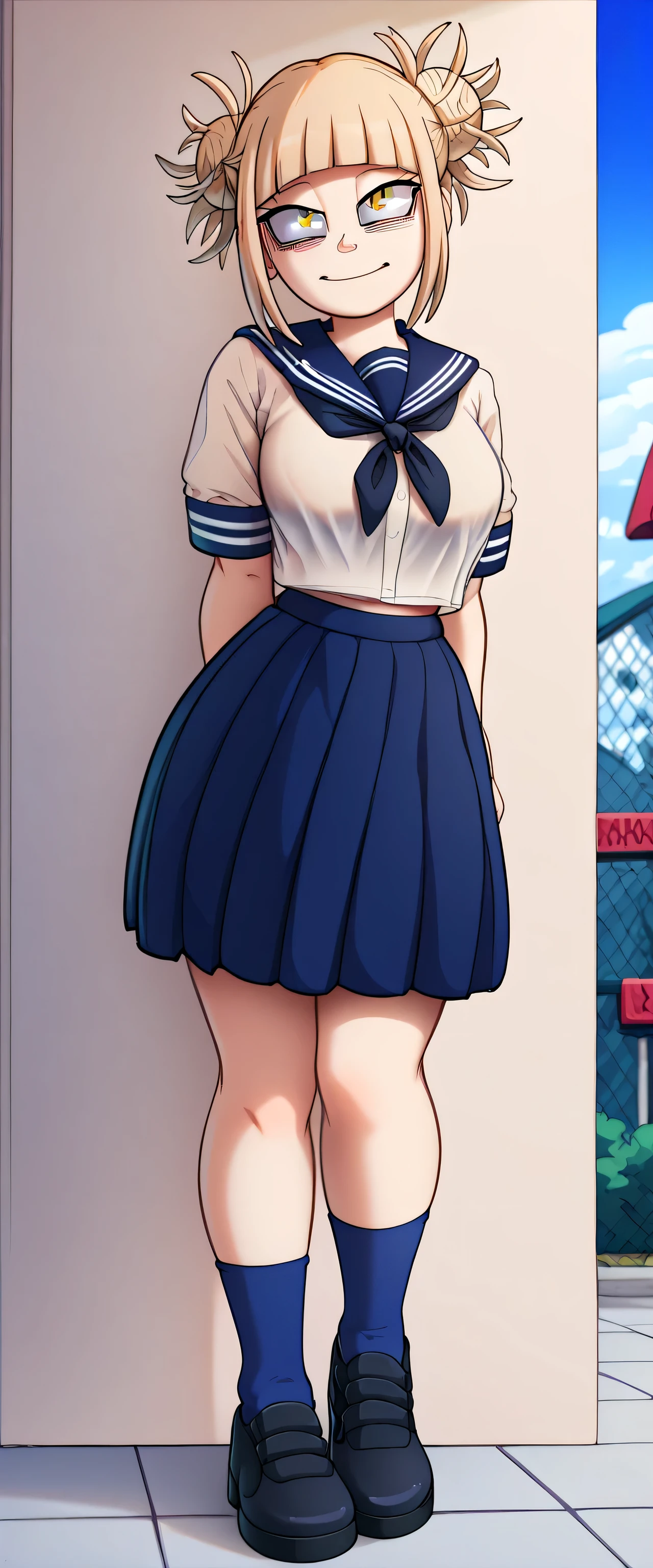 A sexy toga Himiko girl beautiful big breast sensual dark yellow hair short her light yellow eye wears white school uniform and a blue skirt cut blue socks long black heel 