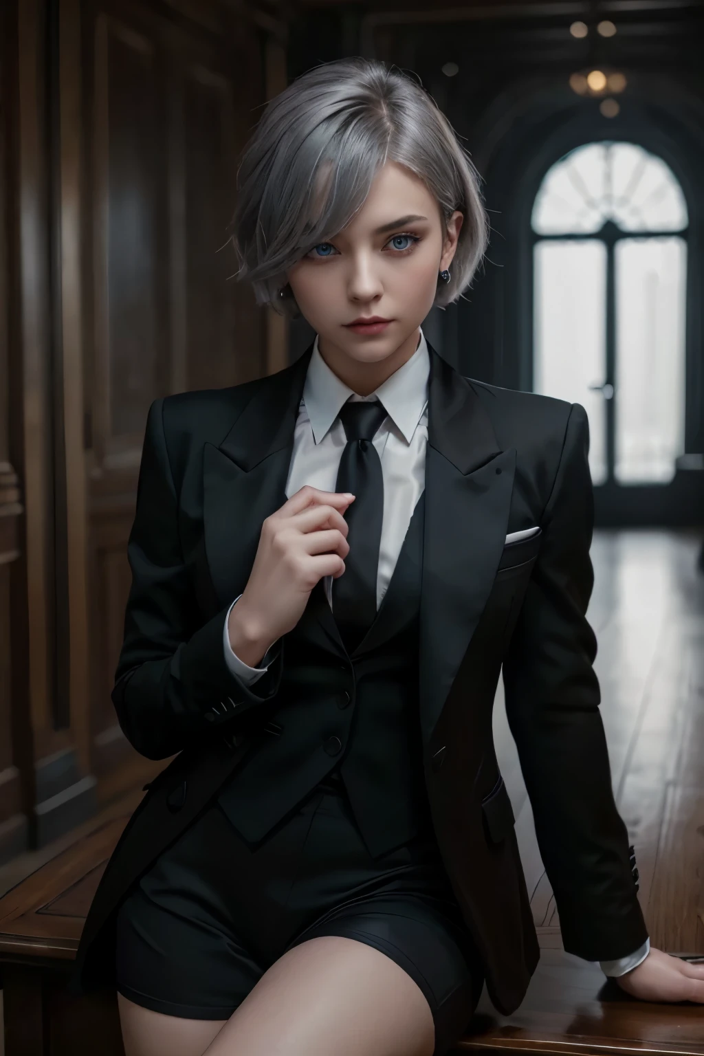 ung woman, early 20s, russian, Bethel, blue eyes, medium chest, Short hair, gray hair, hair above one eye, Gloves, alone, (black business suit:1.3), black necktie, long sleeves, serious look, (masterpiece), (best quality), (very detailed), Coat on shoulder, mafia boss.